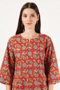 Red Floral Cotton Short Kurti for Women by COTLAND - view 3