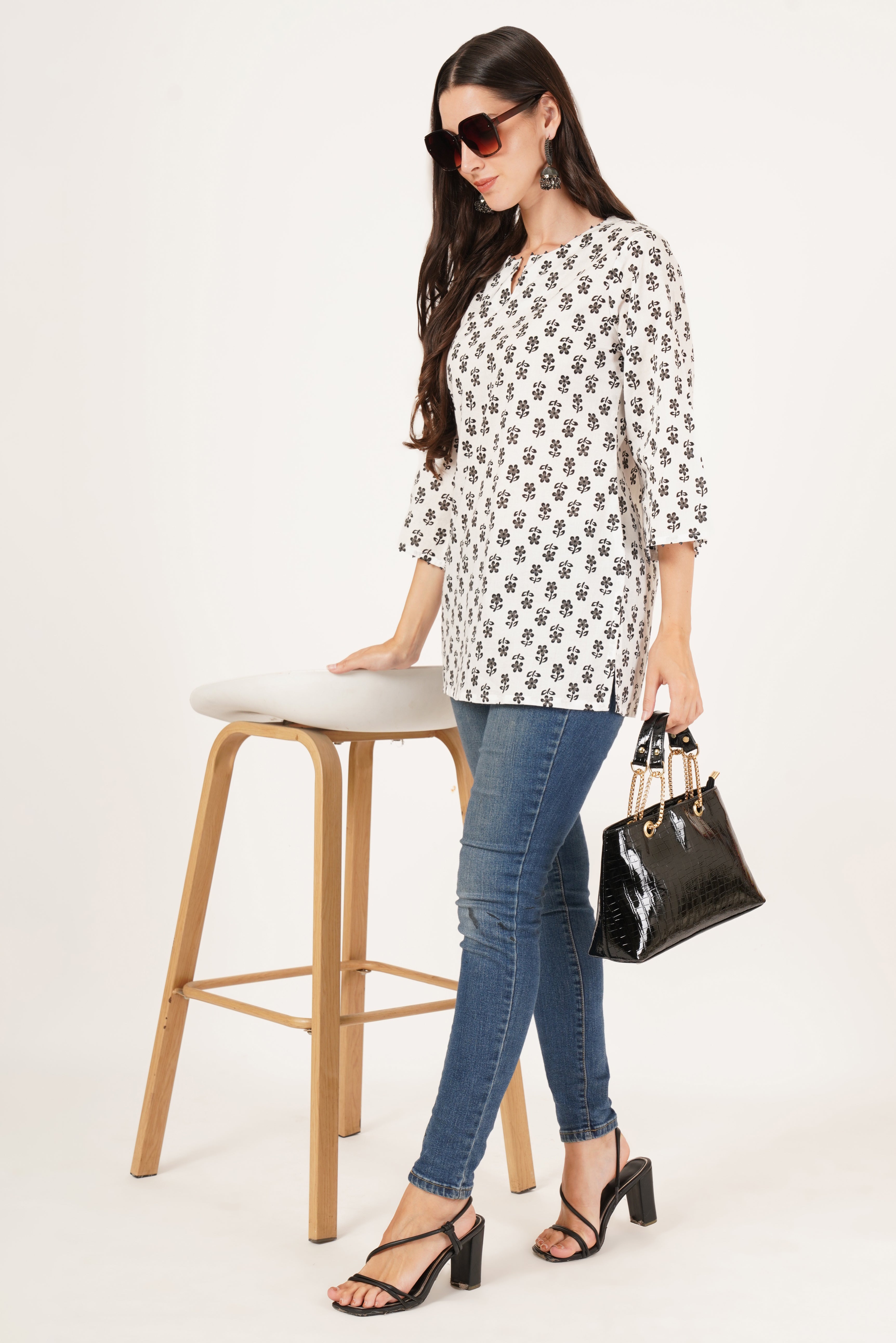 Classic Black and White Printed Short Kurti for Women