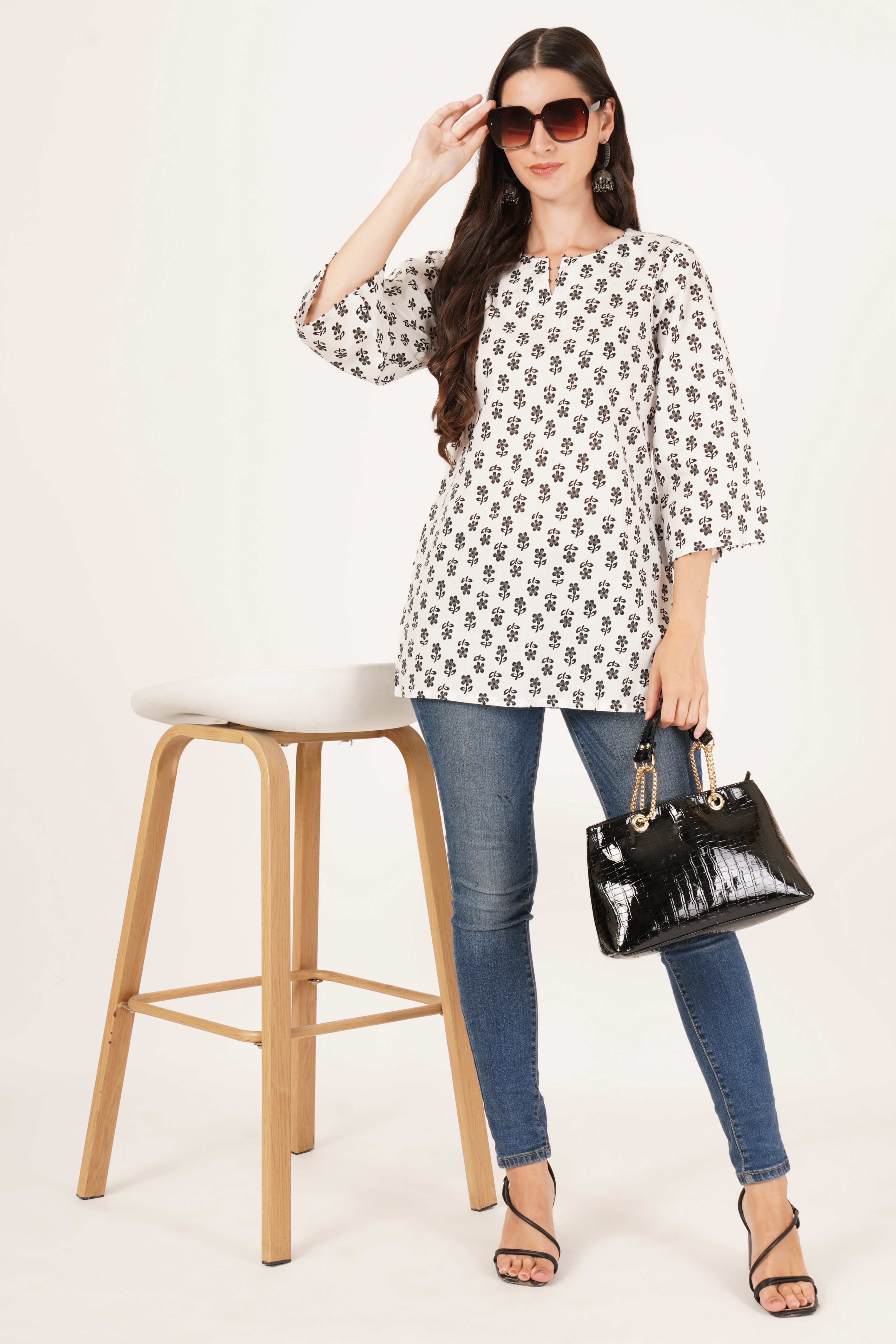 Classic Black and White Printed Short Kurti for Women