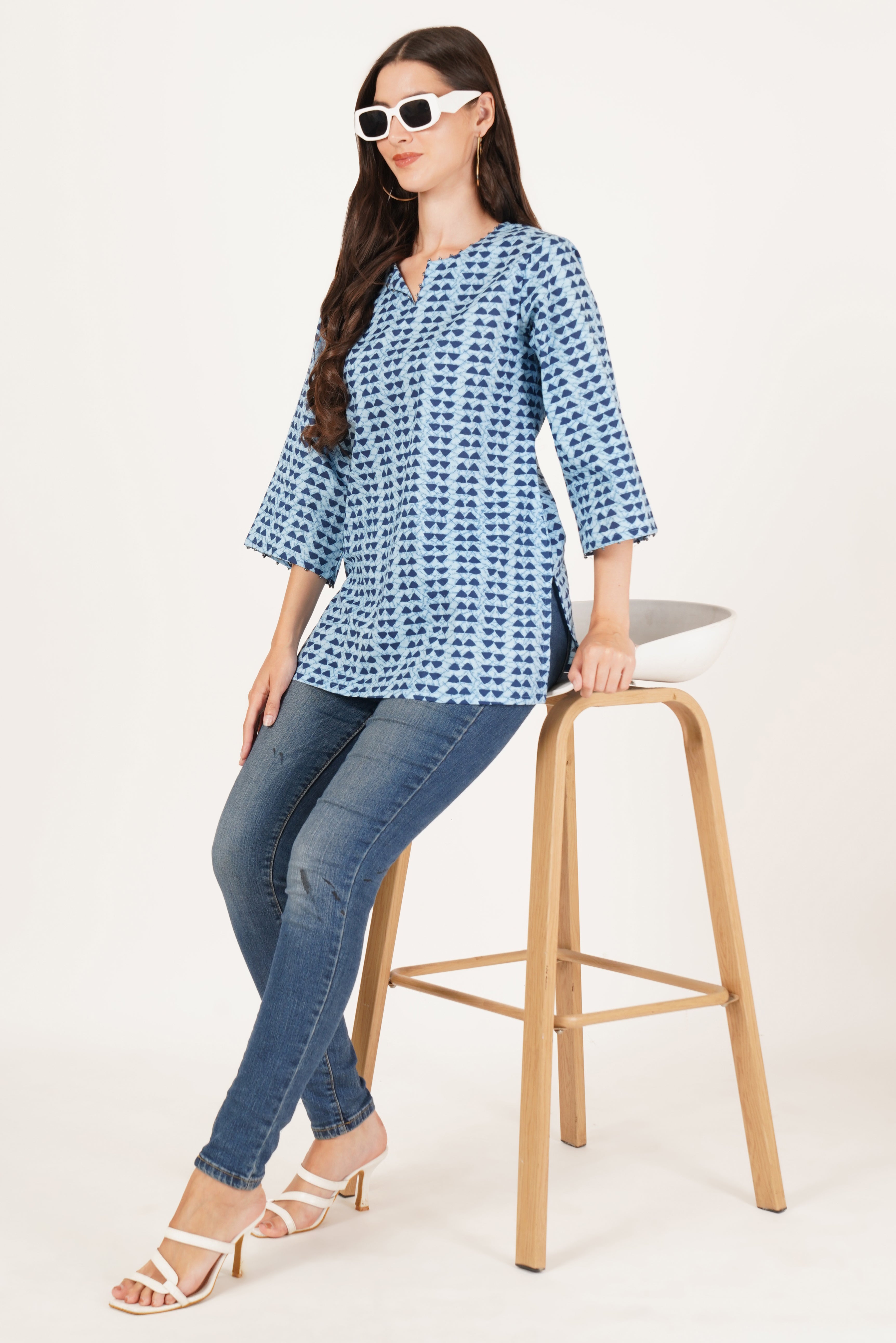 Women's Short Kurti with Unique Blue Patterns