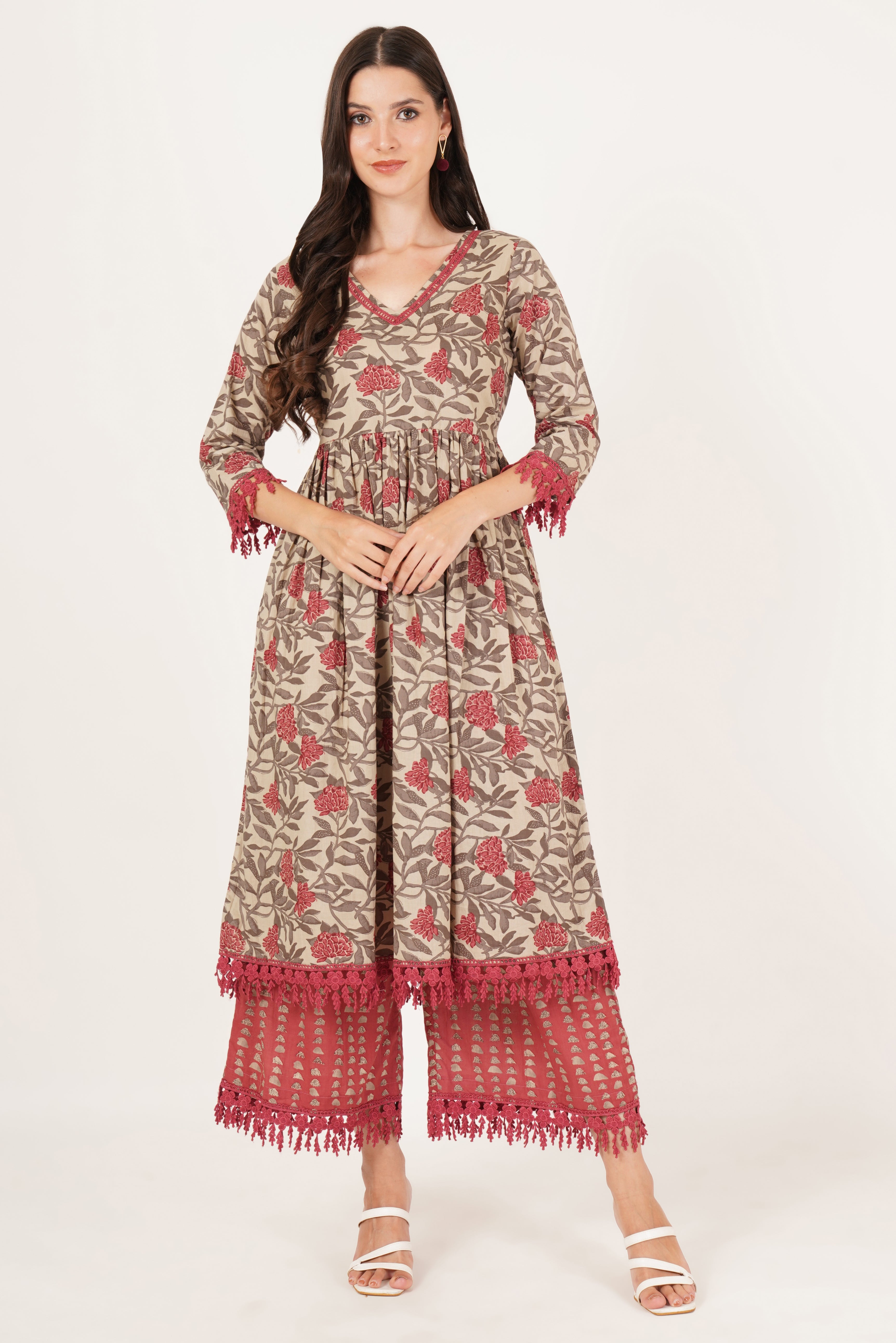 Elegant A-Line Floral Cotton Kurta with Palazzo Set For Women