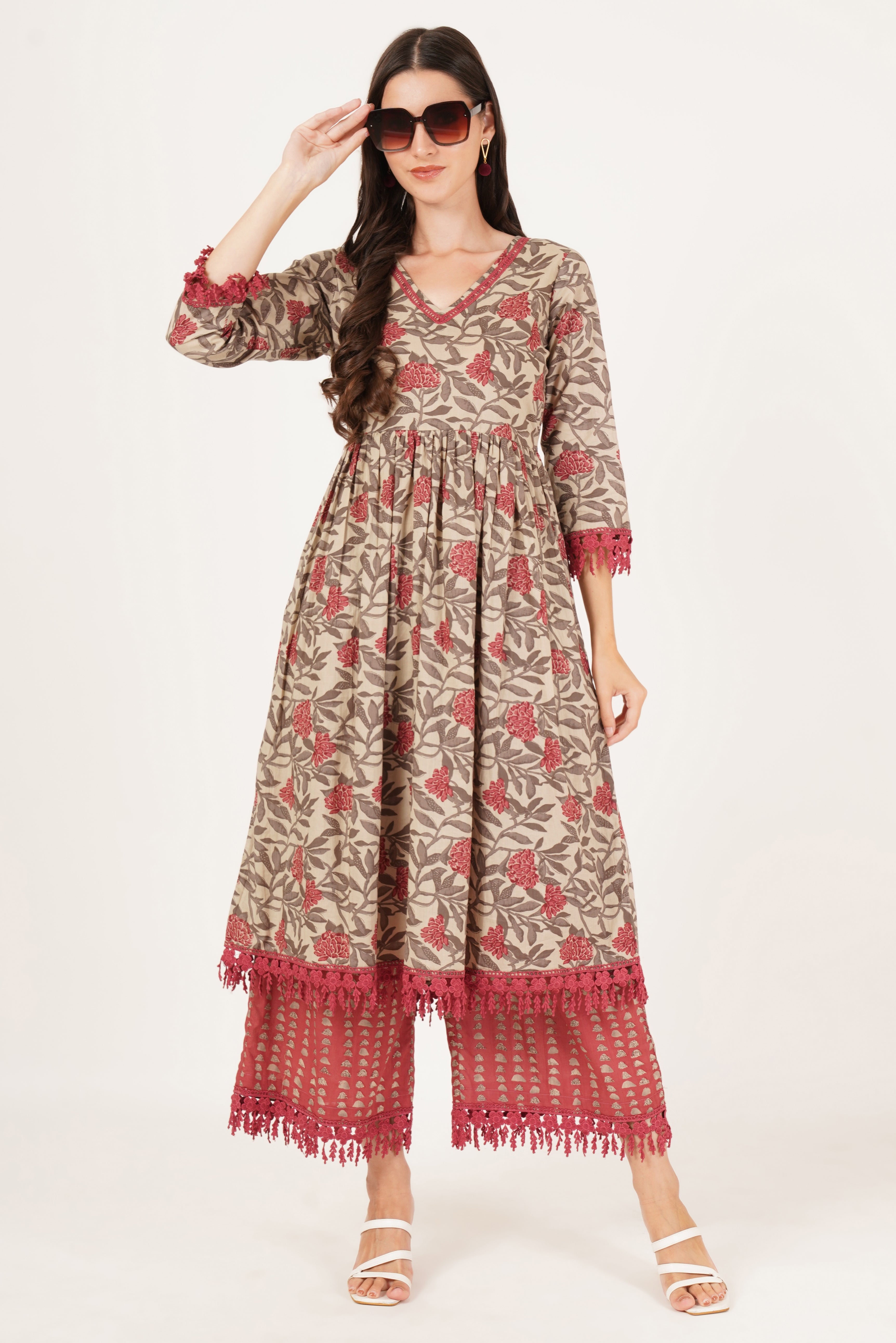 Elegant A-Line Floral Cotton Kurta with Palazzo Set For Women
