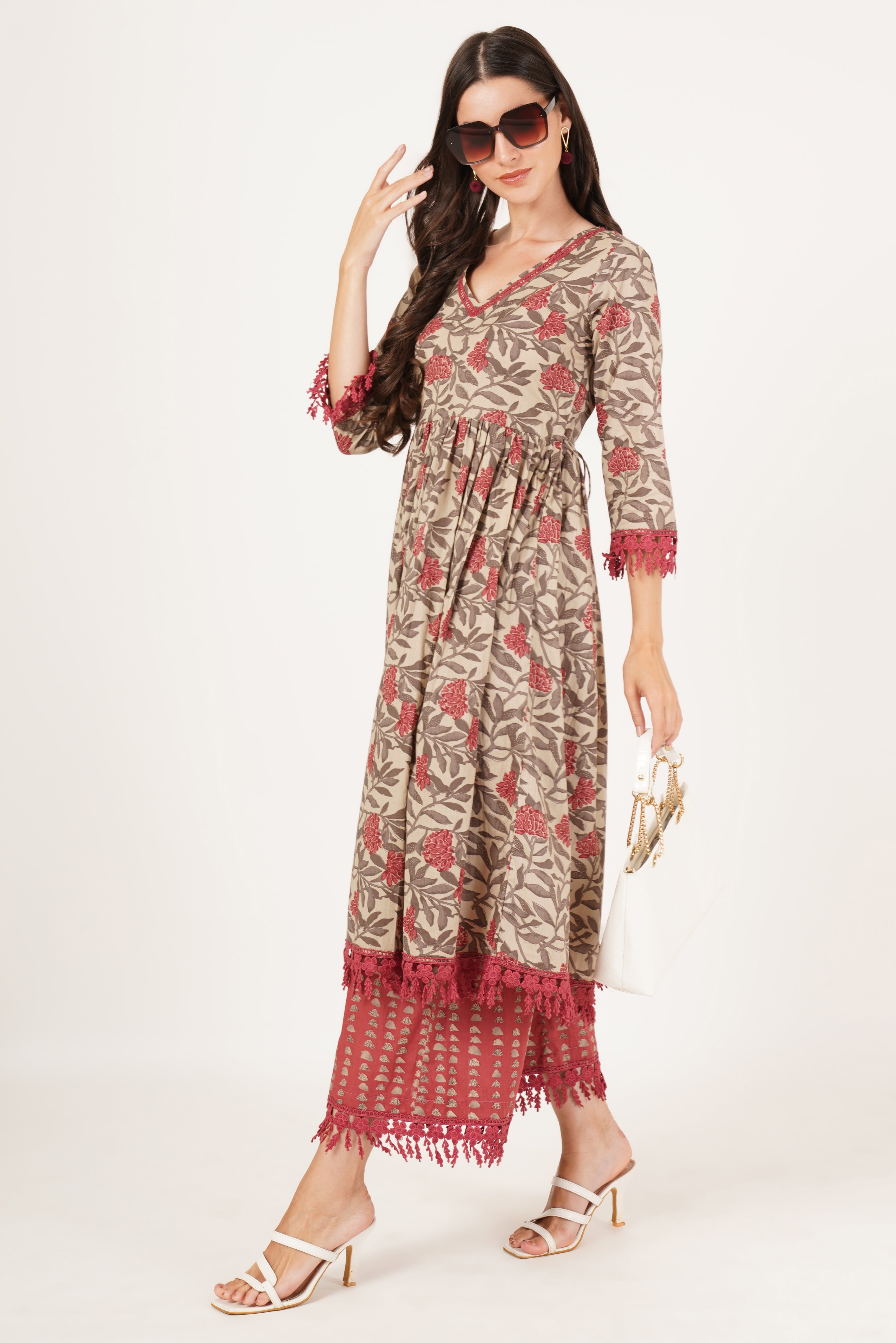 Elegant A-Line Floral Cotton Kurta with Palazzo Set For Women