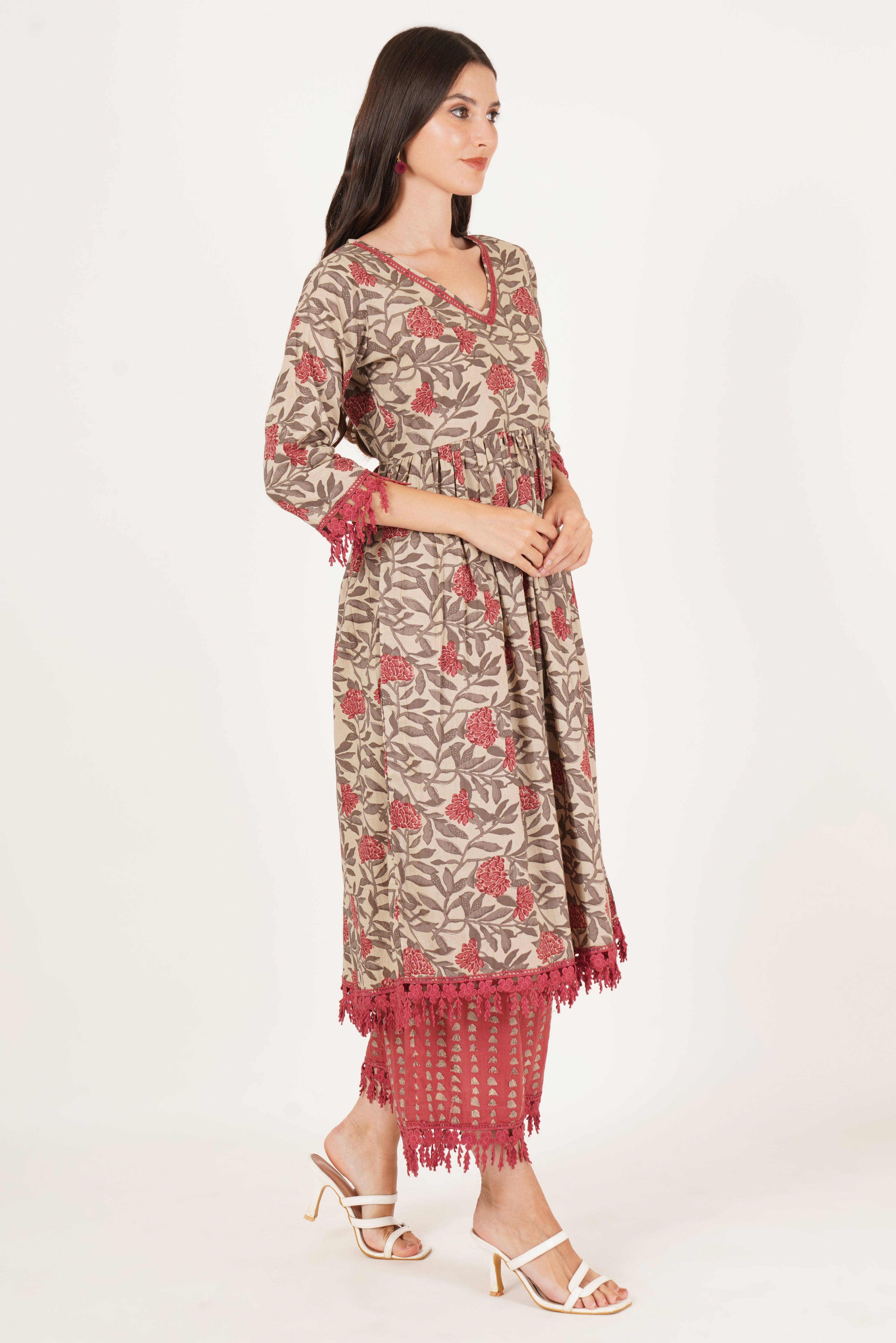 Elegant A-Line Floral Cotton Kurta with Palazzo Set For Women