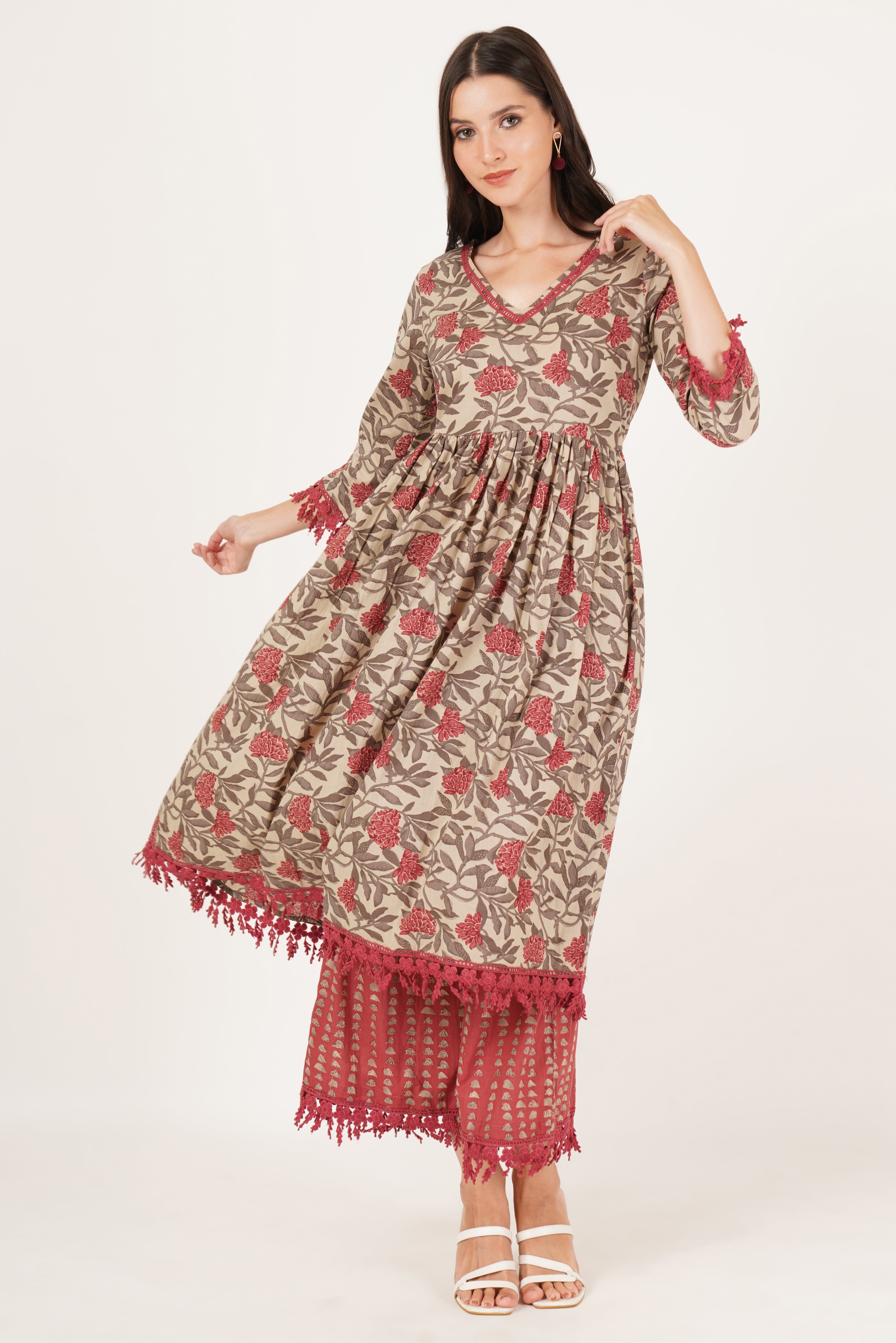 Elegant A-Line Floral Cotton Kurta with Palazzo Set For Women