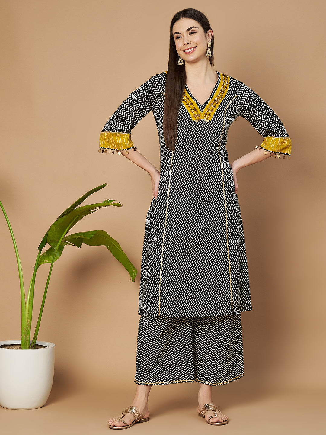 Pure Cotton Geometric Print Kurta Palazzo Set with Stone Detailing for Women