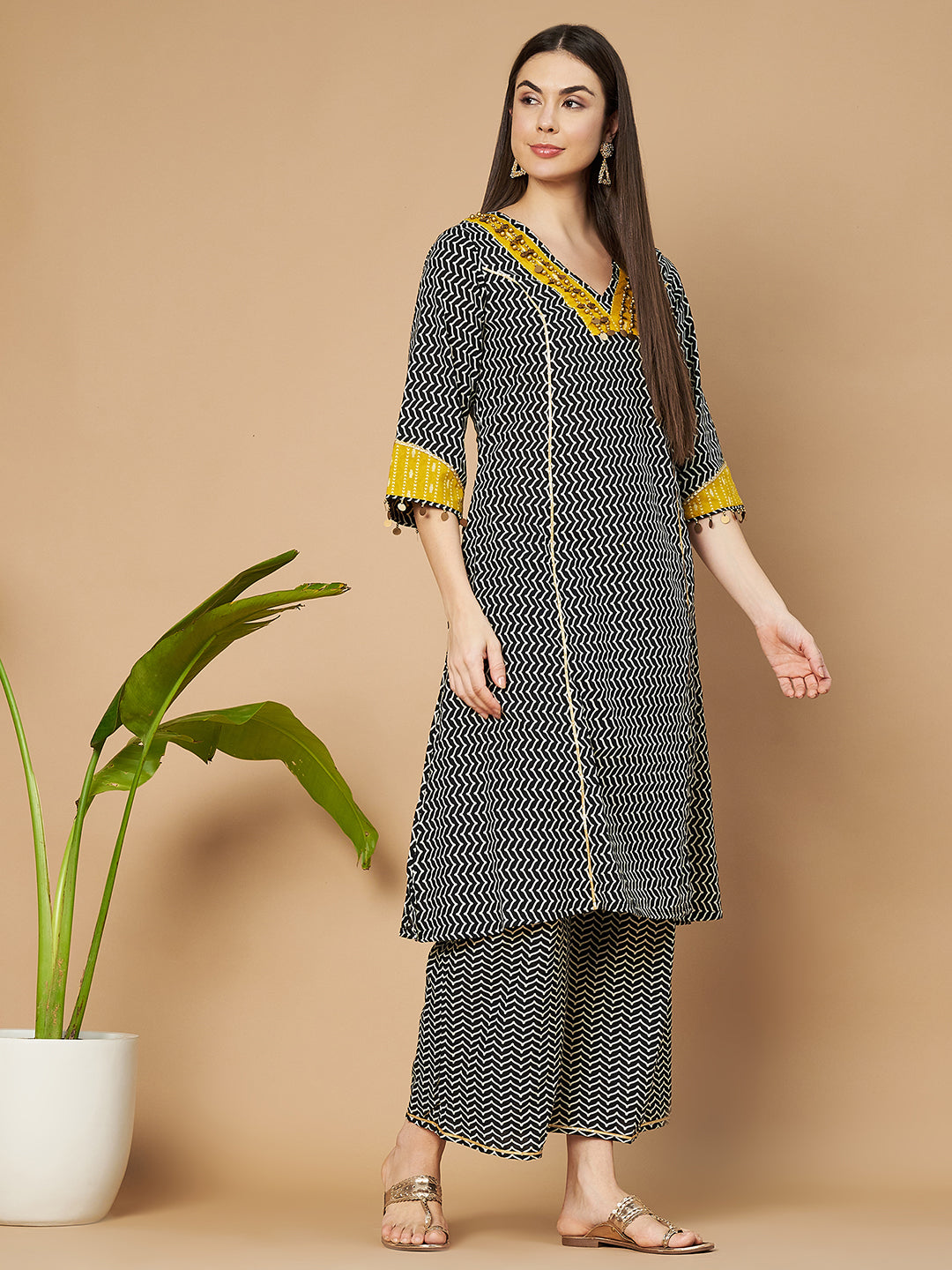Pure Cotton Geometric Print Kurta Palazzo Set with Stone Detailing for Women