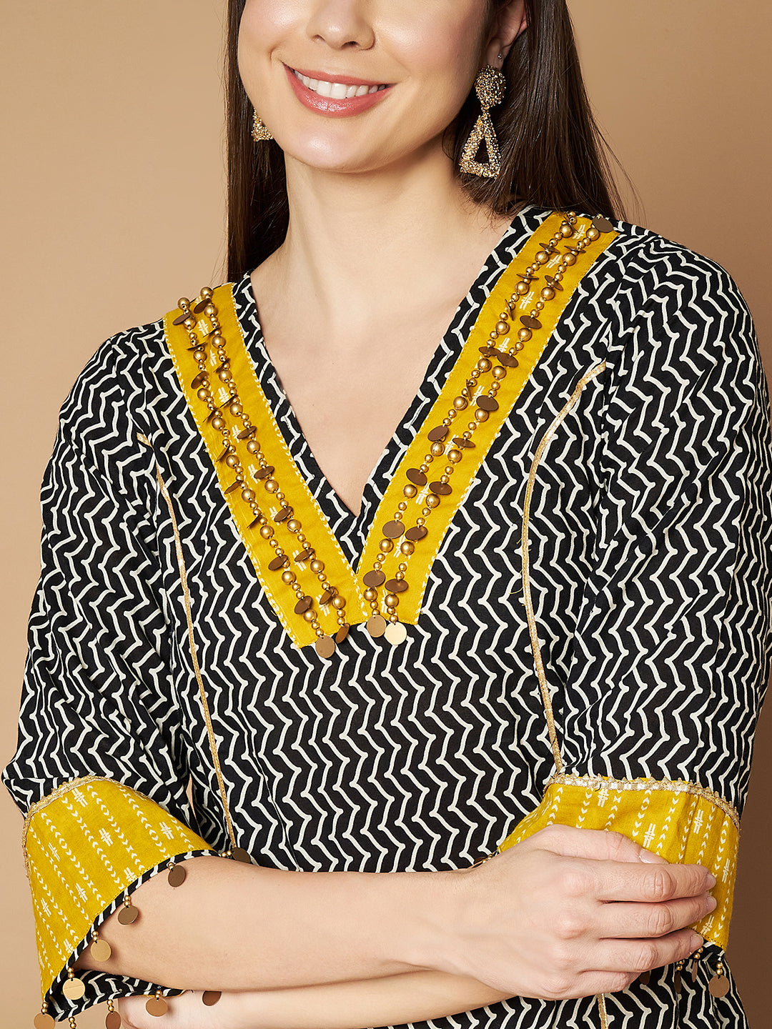 Pure Cotton Geometric Print Kurta Palazzo Set with Stone Detailing for Women