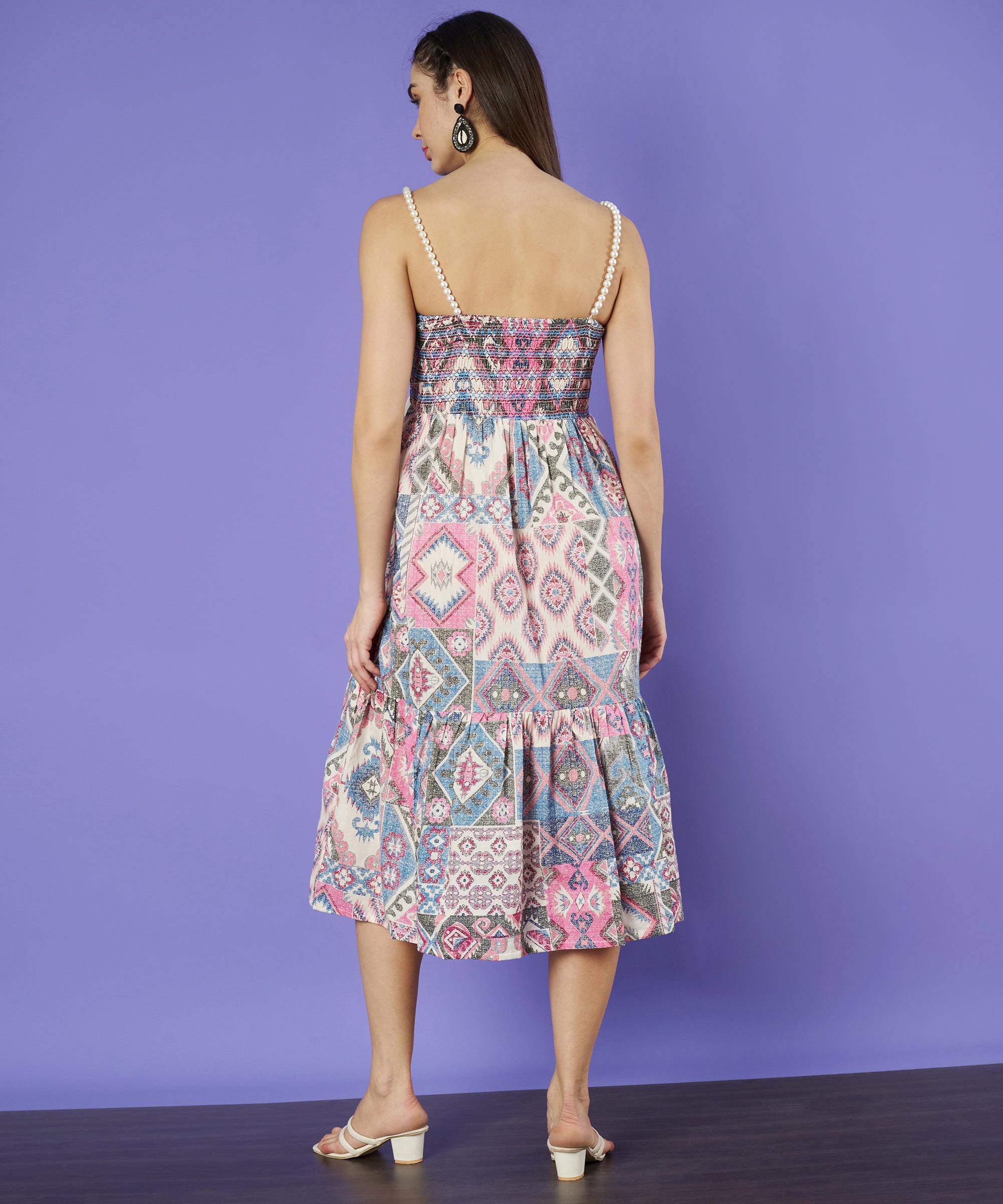 Smocked Floral Tiered Flared Midi Dress for Women