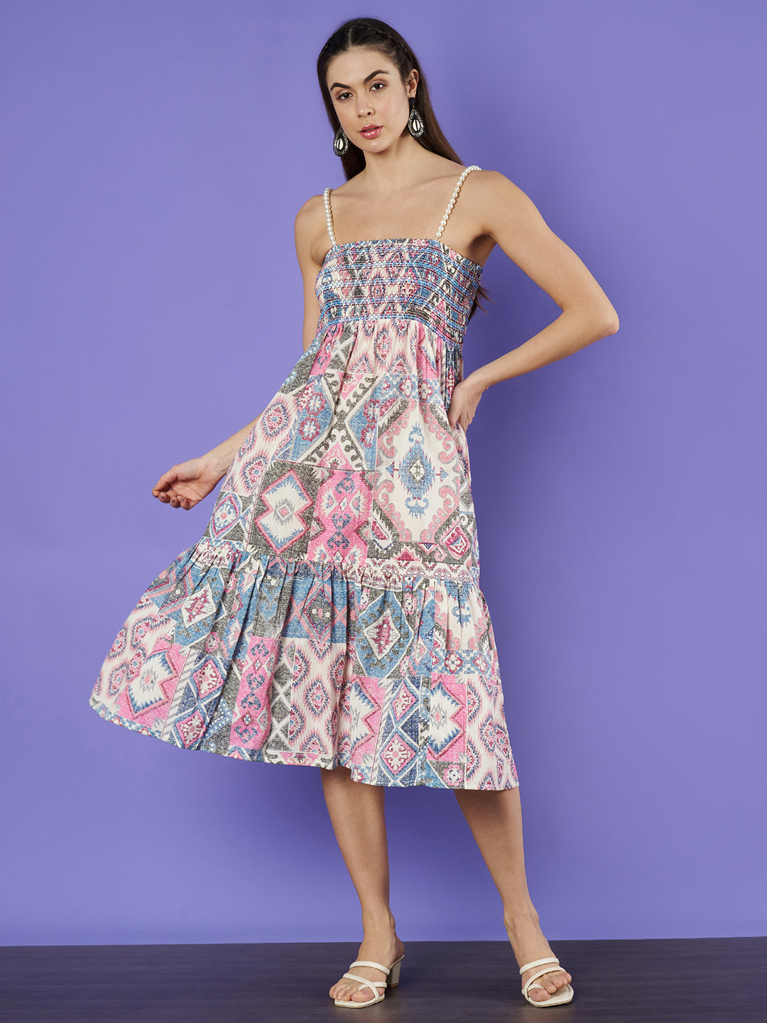 Smocked Floral Tiered Flared Midi Dress for Women