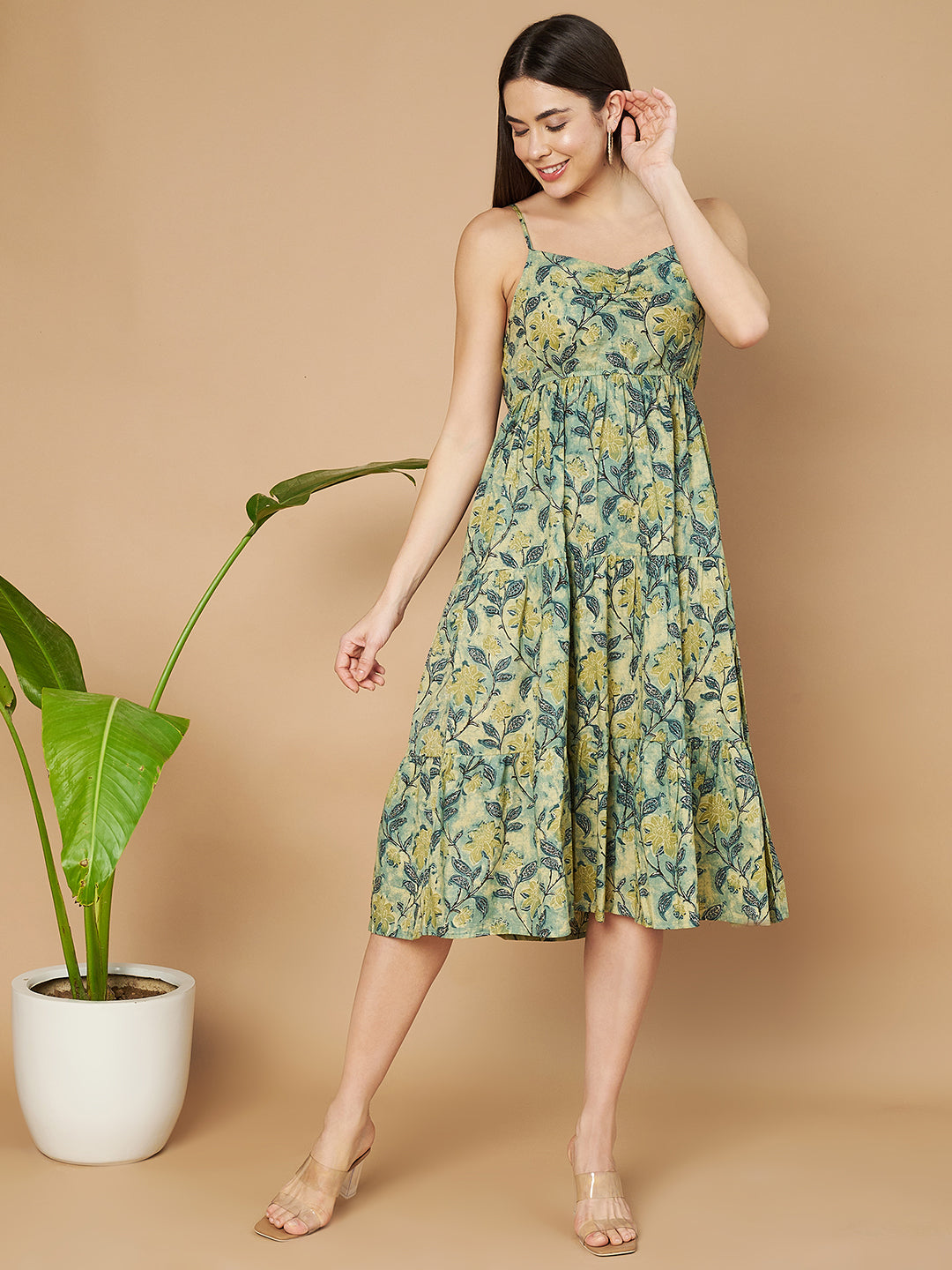 Vibrant Green Printed Flared Dress for Women