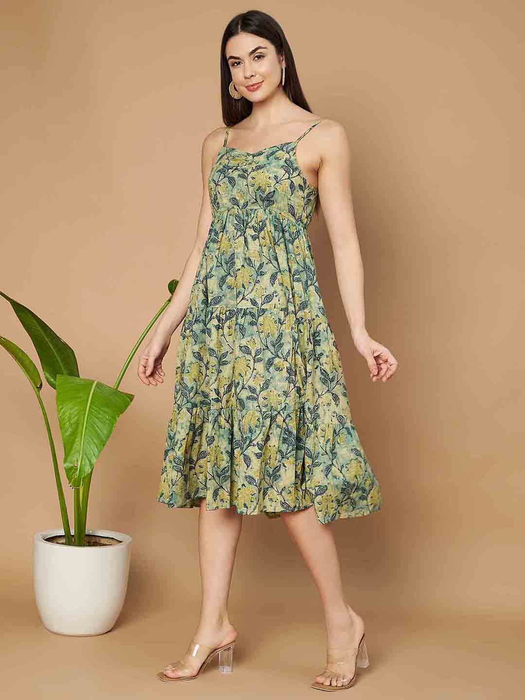 Vibrant Green Printed Flared Dress for Women