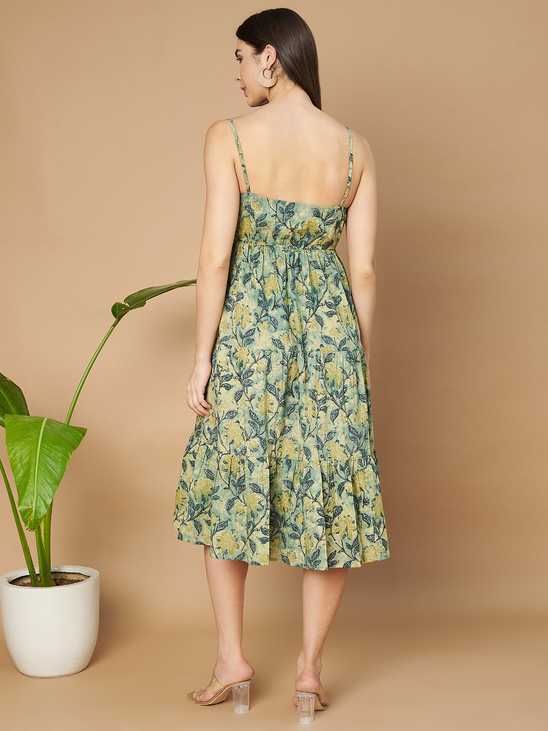 Vibrant Green Printed Flared Dress for Women