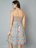 Ausgestelltes Kleid aus gesmoktem Baumwollgewebe mit Blumenmuster für Damen