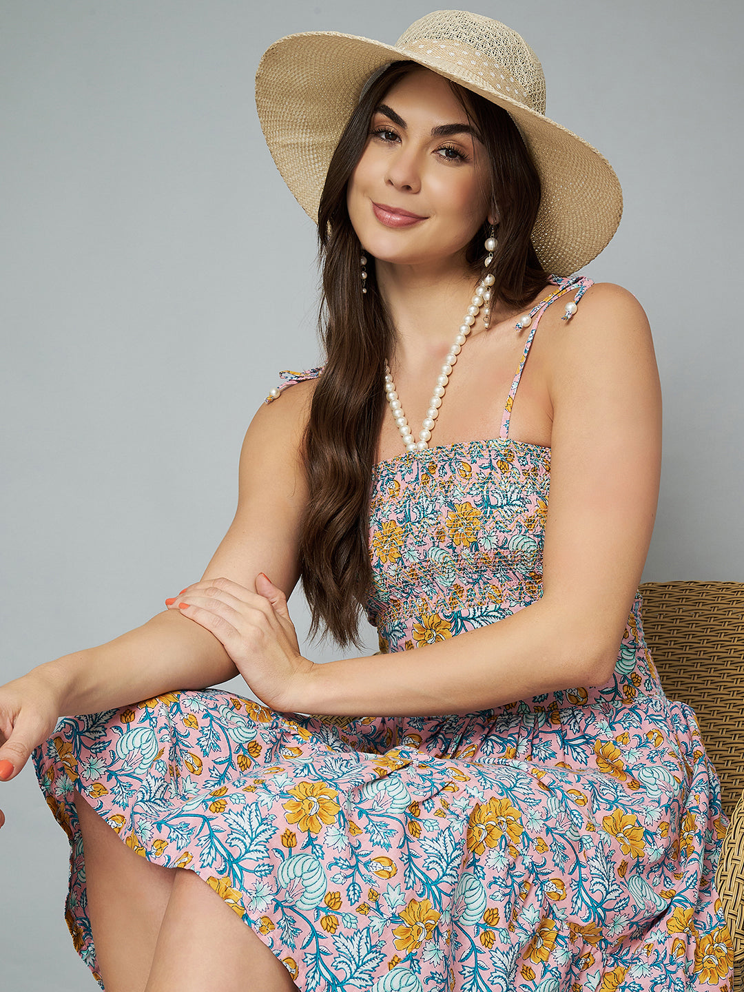 Floral Cotton Smocking Flared Dress for Women COTLAND FASHION Floral Cotton Smocking Flared Dress for Women COTLAND FASHION