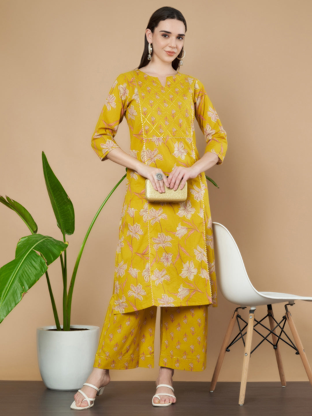 Senfgelbes Kurta- und Palazzo-Set aus Baumwolle für Damen