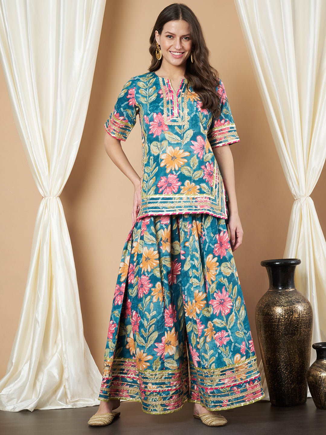 Designer Cotton Kurti and Flared Palazzo Outfit for Women