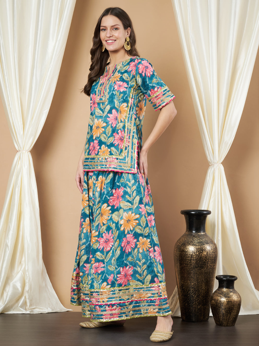 Designer Cotton Kurti and Flared Palazzo Outfit for Women