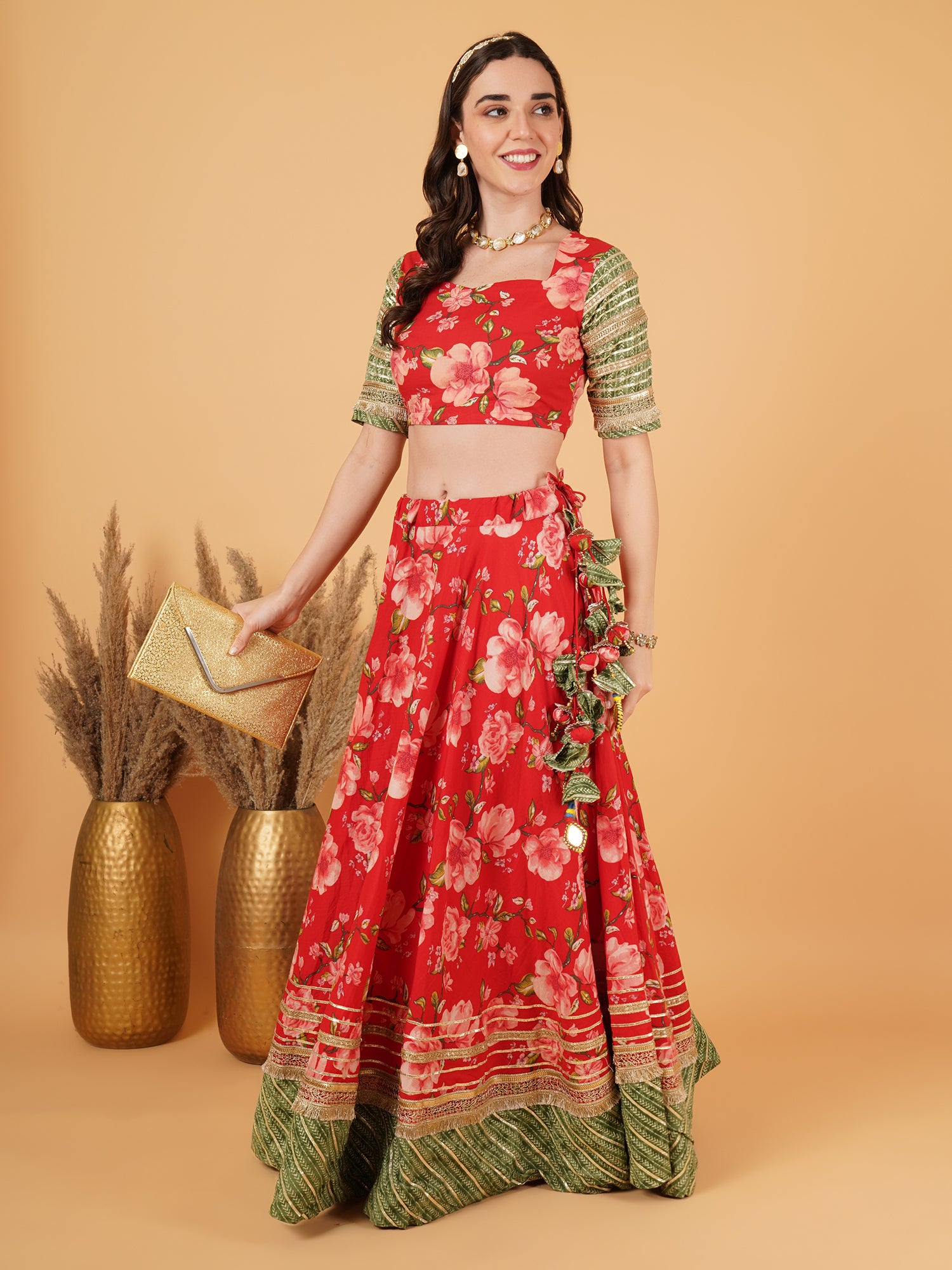 Designer Lehenga Choli with Green Sleeves for Women