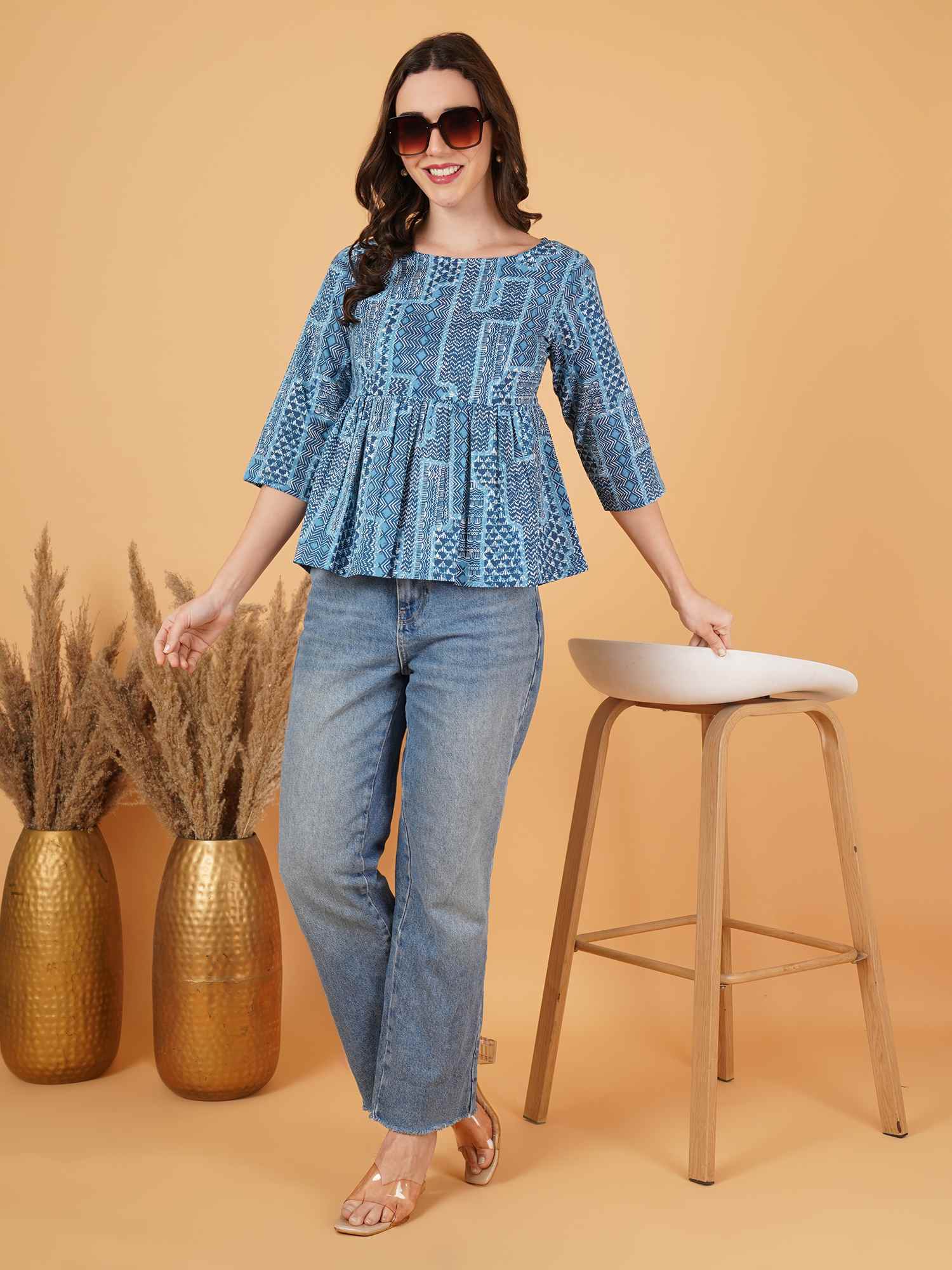 Haut en coton à imprimé ikat à bretelles avec ceinture pour femme