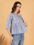 Blue & White Vintage Cotton Peplum Top for Women