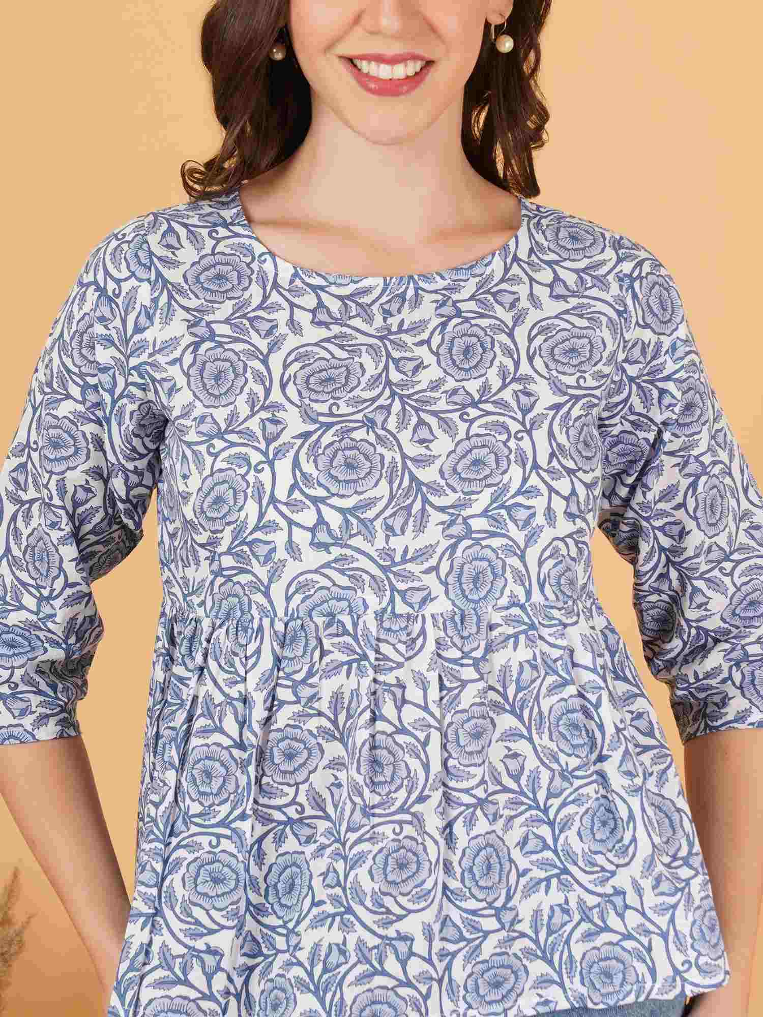 Blue & White Vintage Cotton Peplum Top for Women