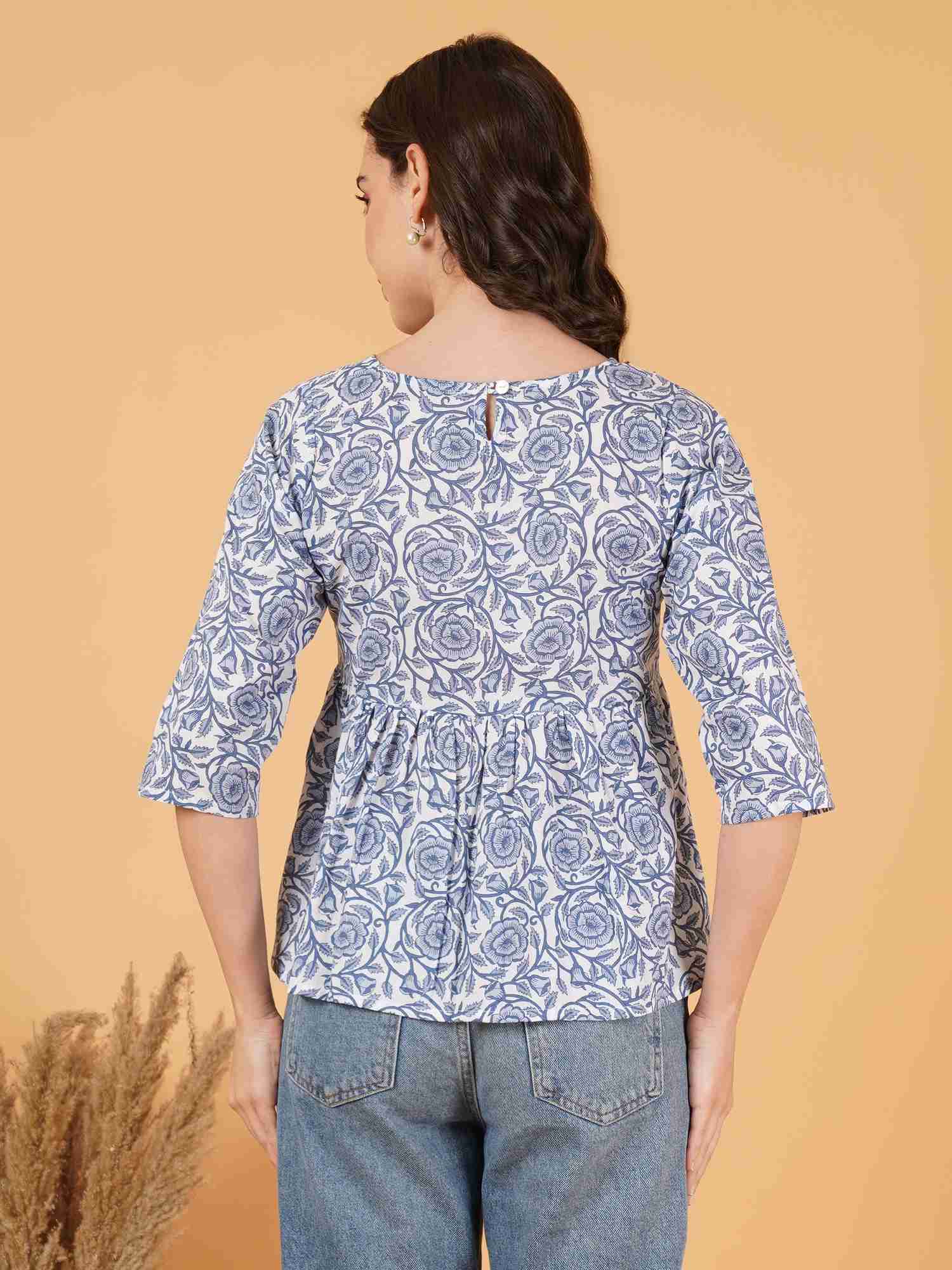 Blue & White Vintage Cotton Peplum Top for Women