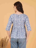 Blue & White Vintage Cotton Peplum Top for Women