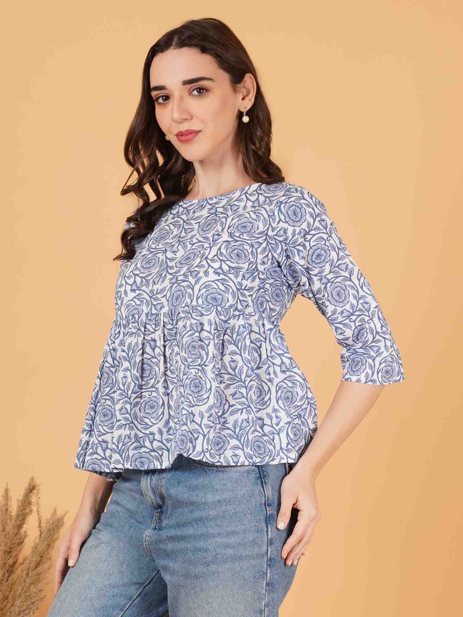 Blue & White Vintage Cotton Peplum Top for Women