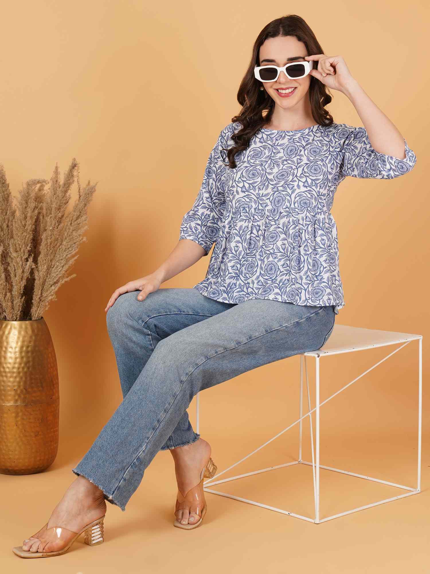 Blue & White Vintage Cotton Peplum Top for Women