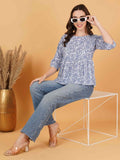 Blue & White Vintage Cotton Peplum Top for Women