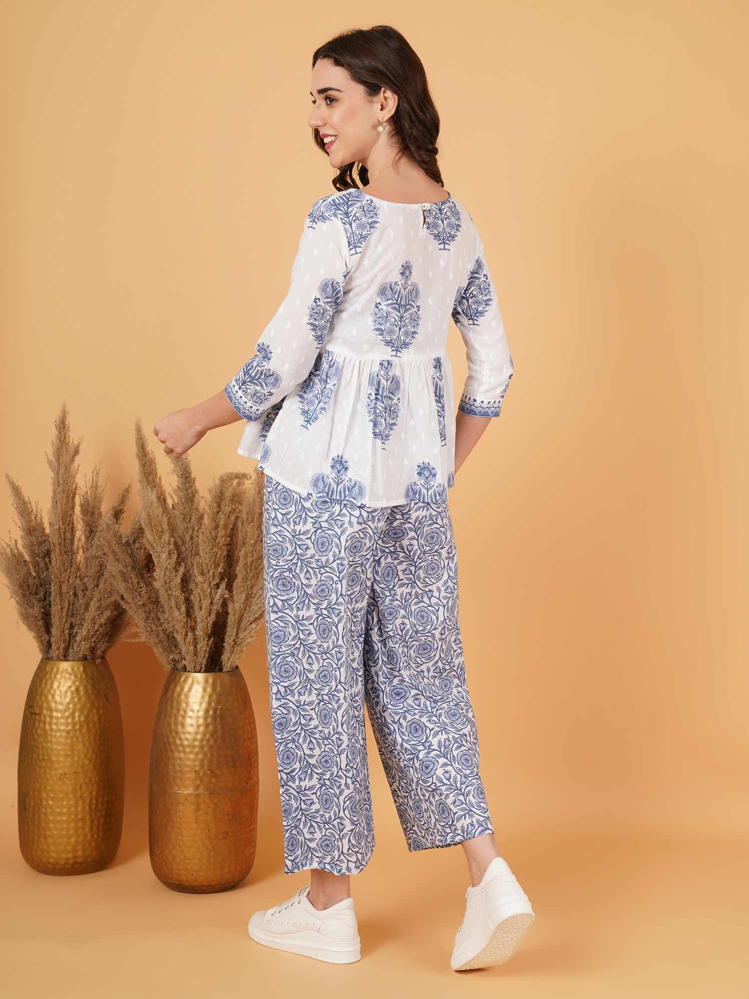 Jaipuri Cotton Peplum Top with Inner and Palazzo Co-Ord Set for Women