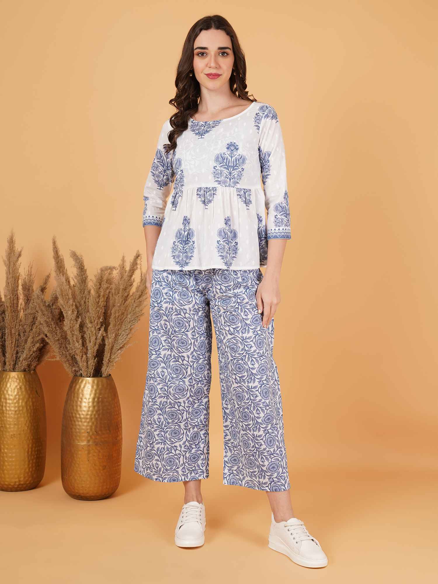 Jaipuri Cotton Peplum Top and Palazzo Co-Ord Set for Women