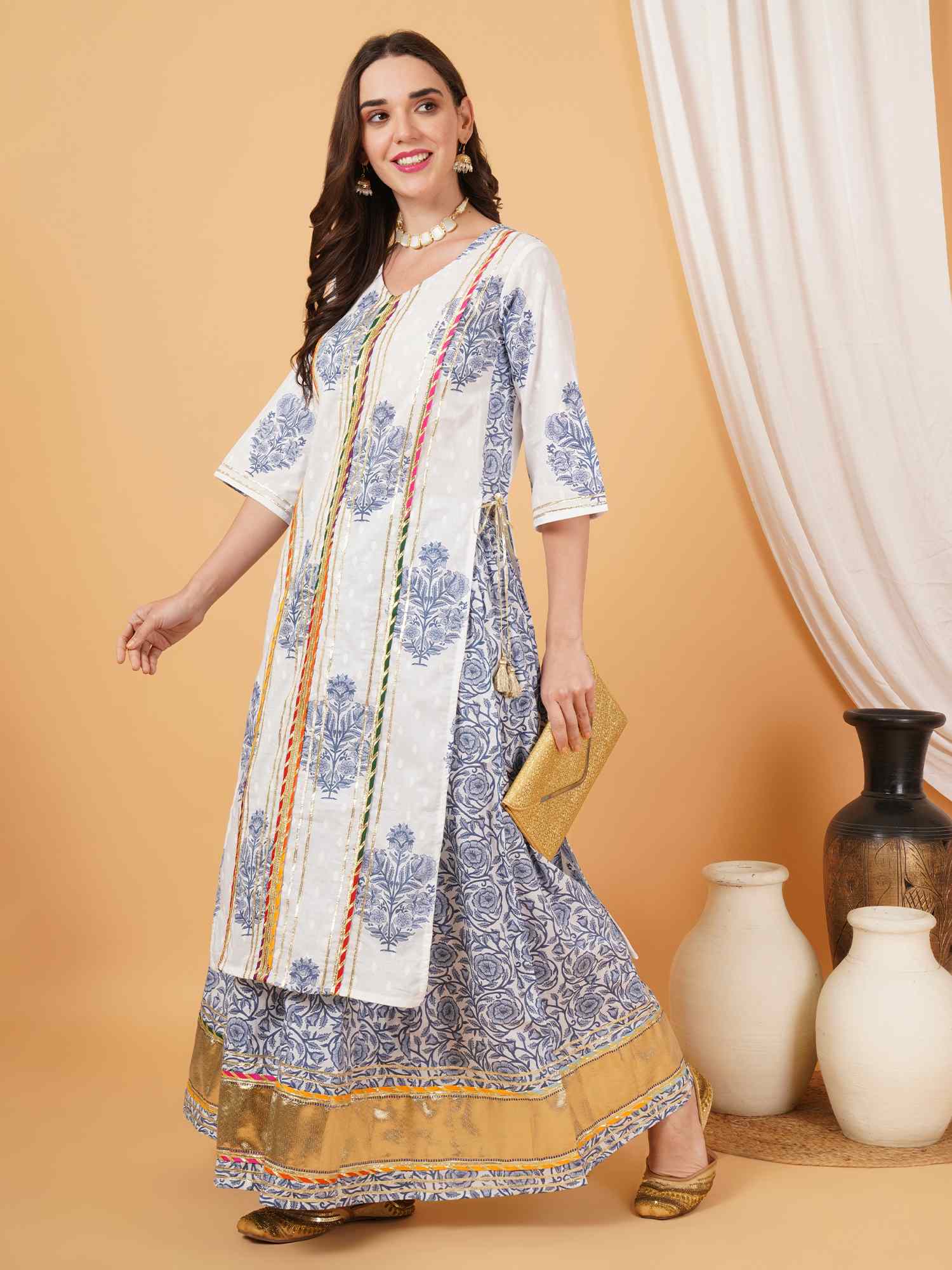 Sanganer Handblock Cotton Straight Kurta with Palazzo for Women
