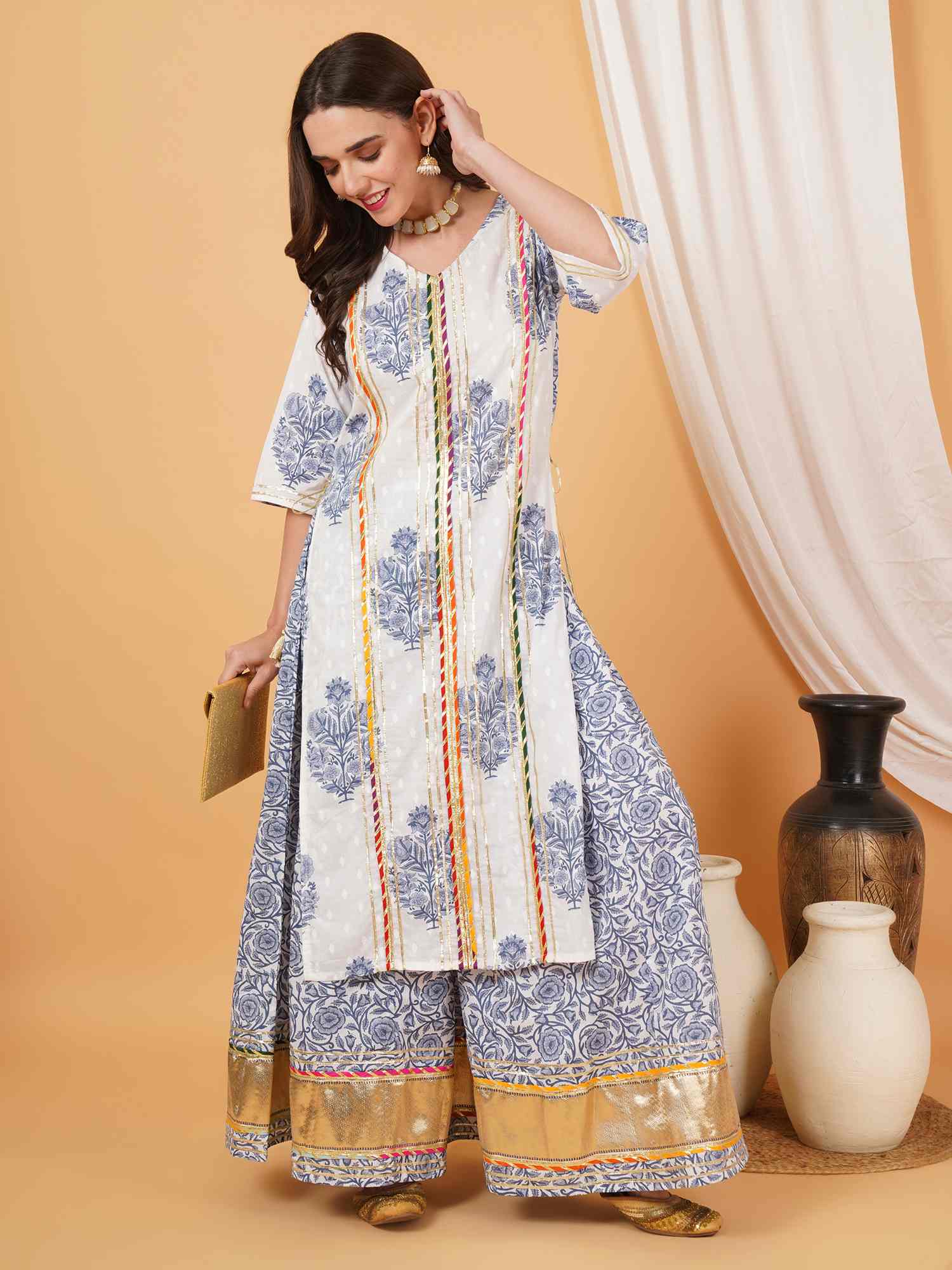 Sanganer Handblock Cotton Straight Kurta with Palazzo for Women