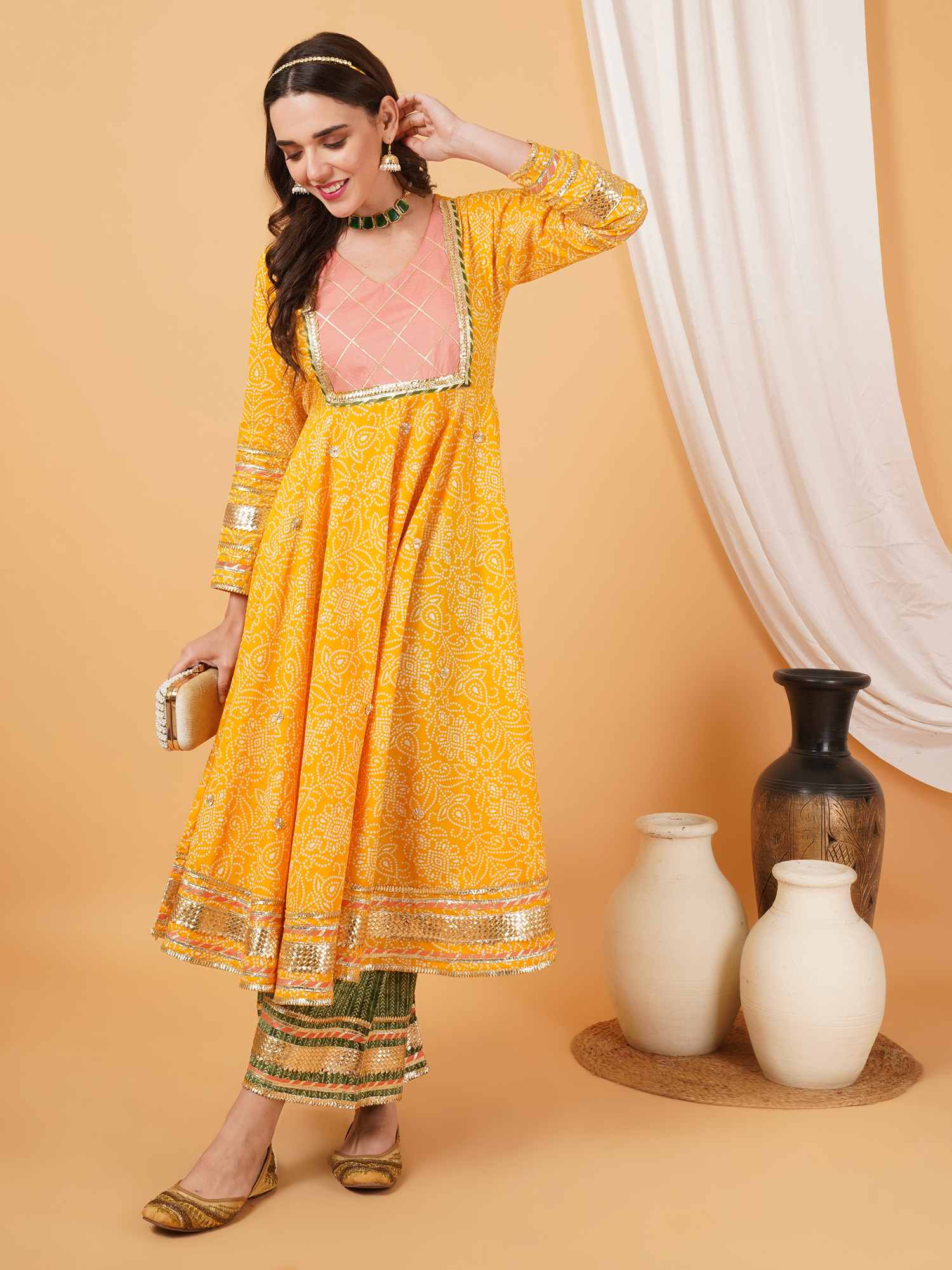 Elegant Jaipuri Cotton Flared Anarkali Kurta with Palazzo for Women