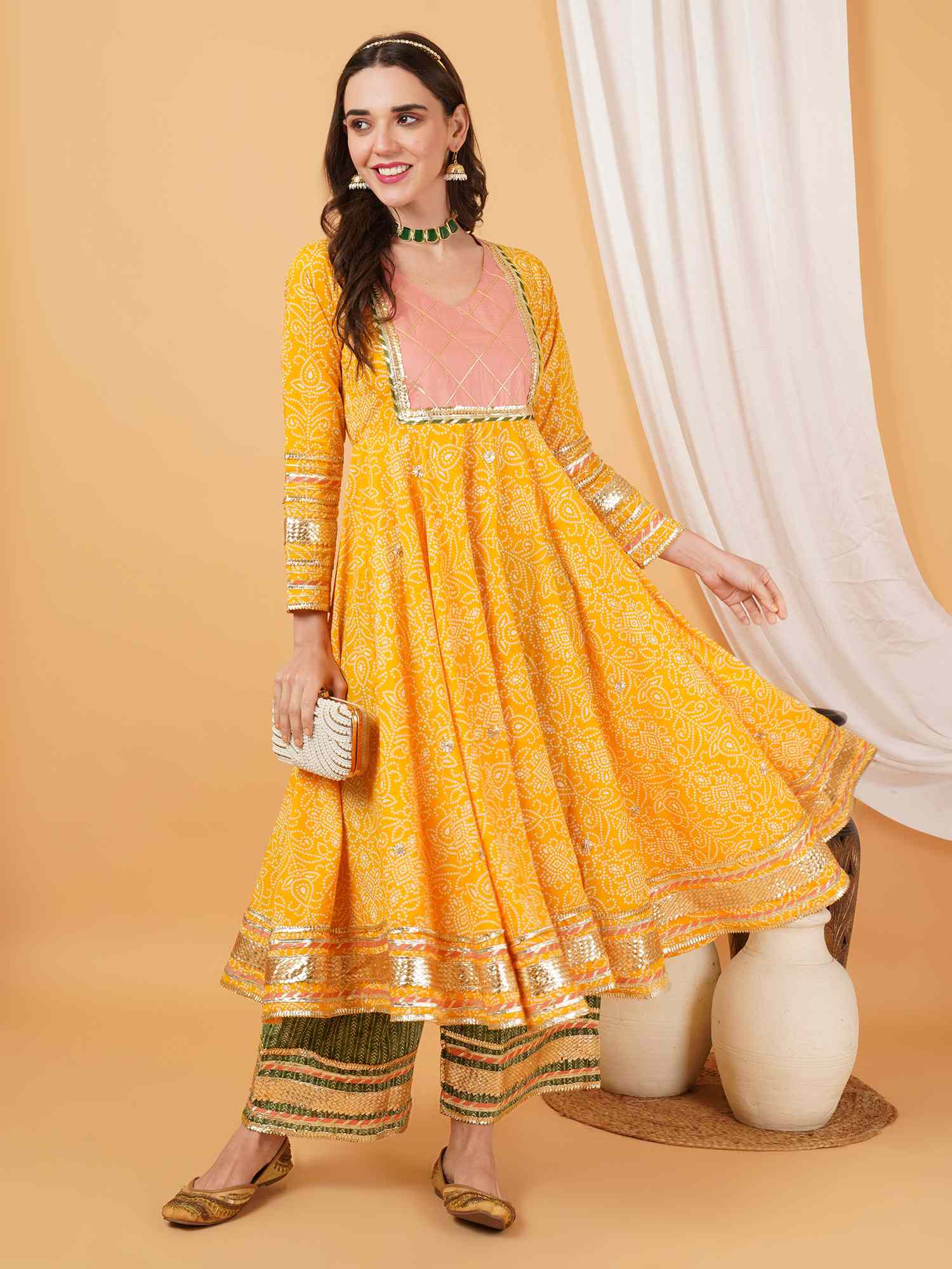 Elegant Jaipuri Cotton Flared Anarkali Kurta with Palazzo for Women