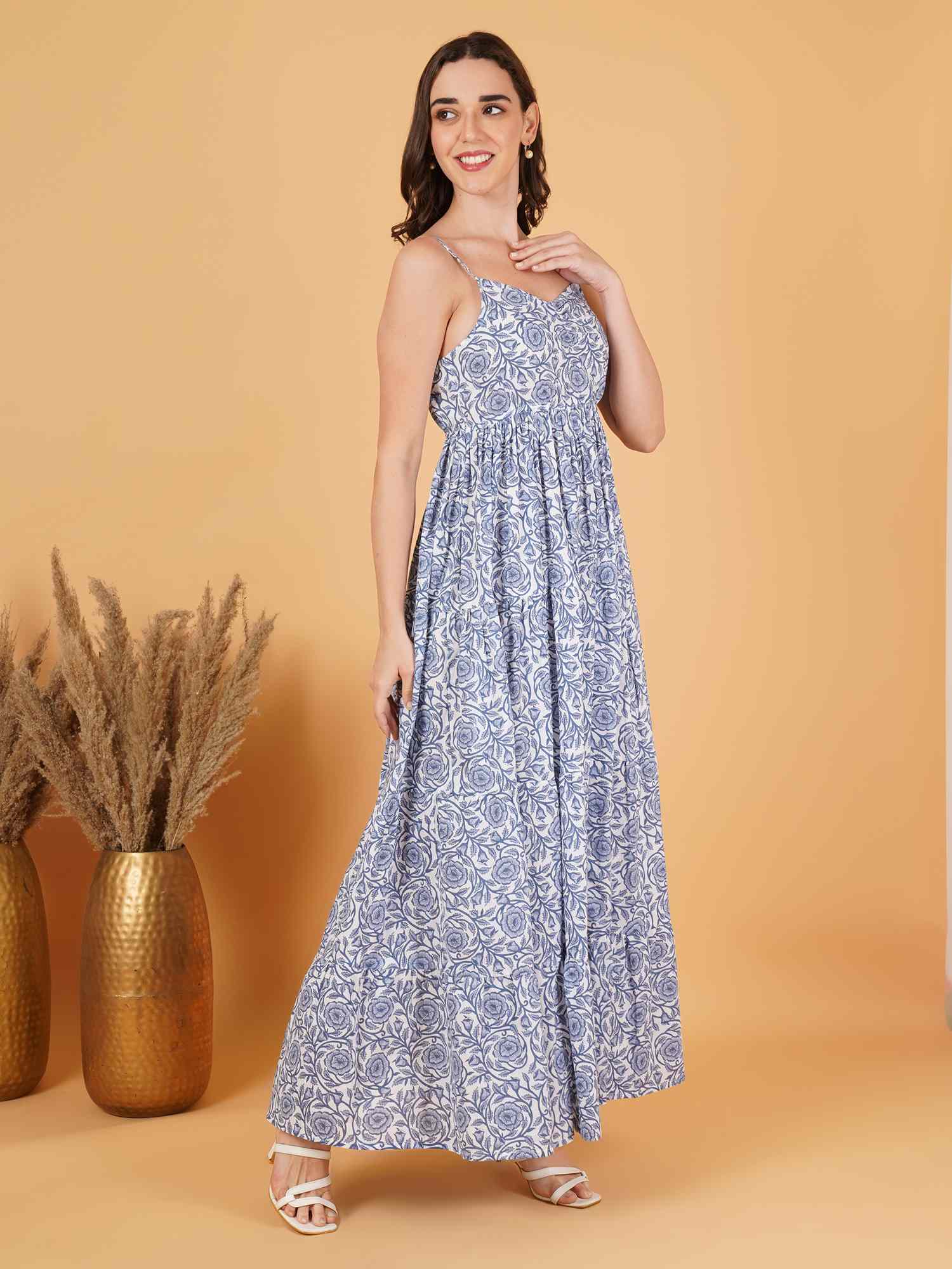 Elegant Handblock Cotton Strappy Dress for Women