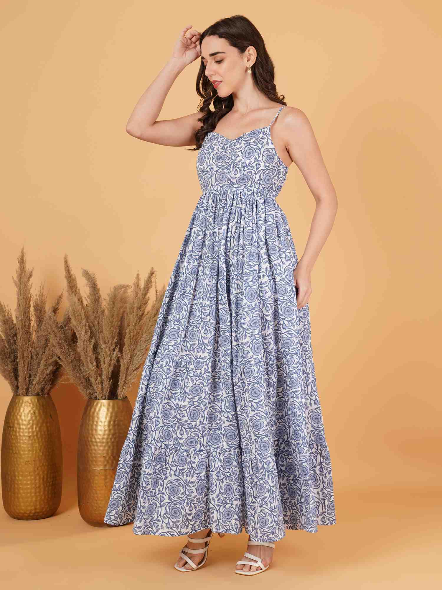 Elegant Handblock Cotton Strappy Dress for Women