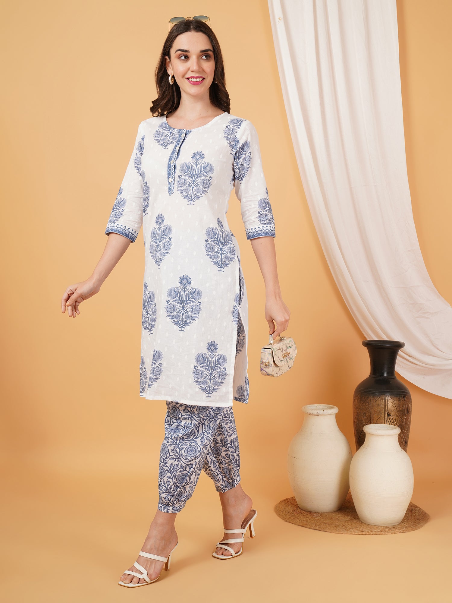 White & Indigo Floral Cotton Kurta Set