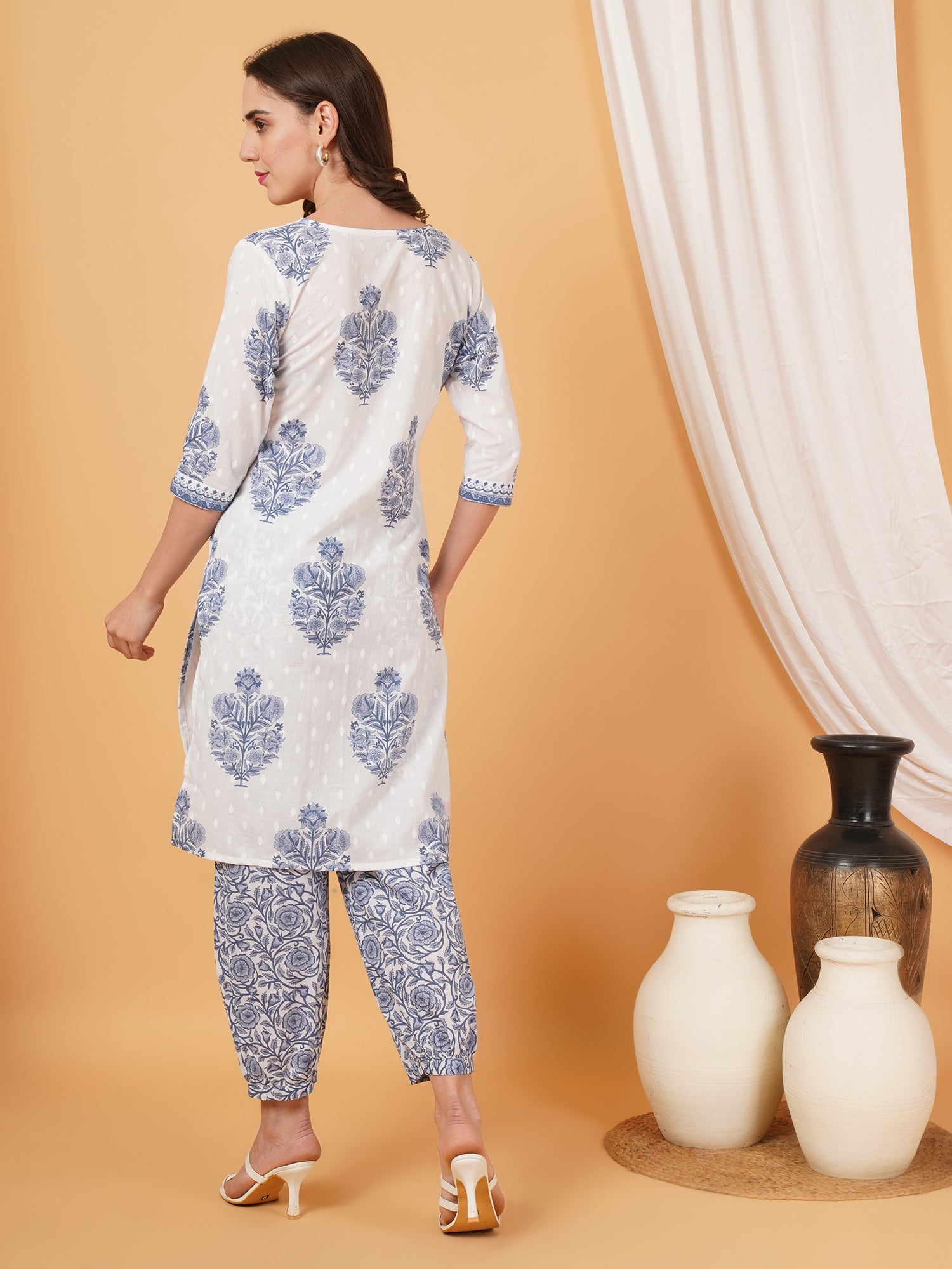 White & Indigo Floral Cotton Kurta Set