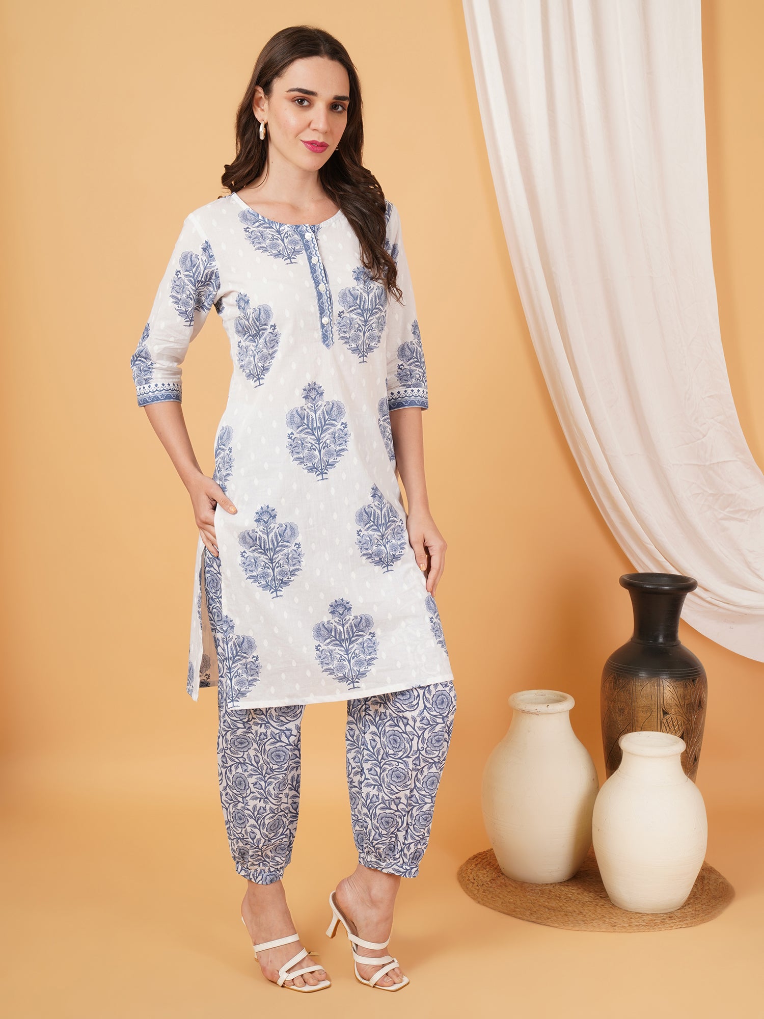White & Indigo Floral Cotton Kurta Set