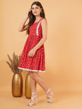 Red Sleeveless Polka Dot Cotton Fit & Flare Dress For Women