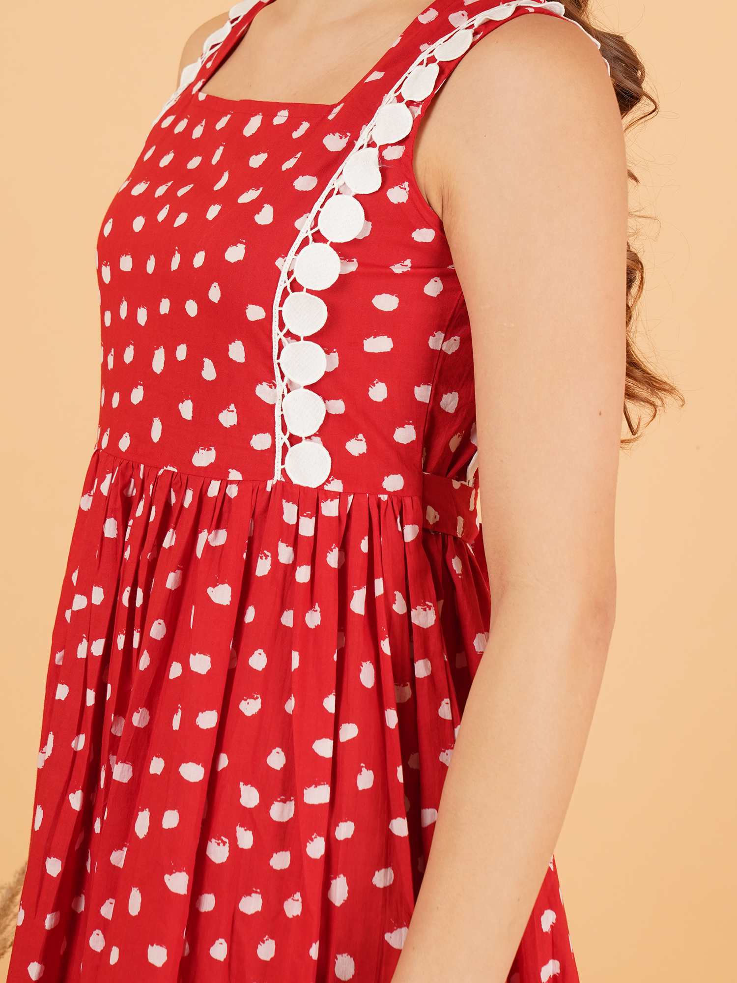 Red Sleeveless Polka Dot Cotton Fit & Flare Dress For Women
