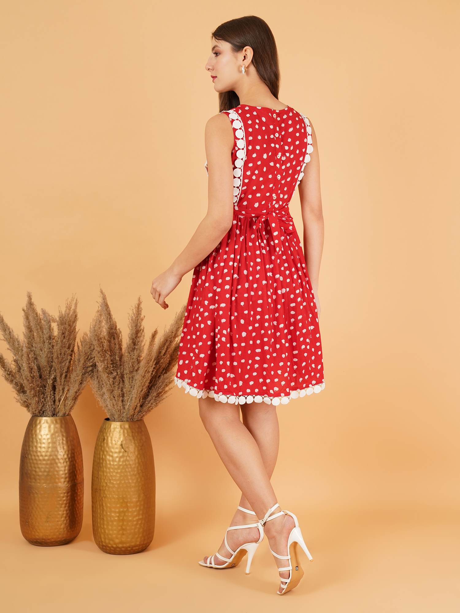 Red Sleeveless Polka Dot Cotton Fit & Flare Dress For Women