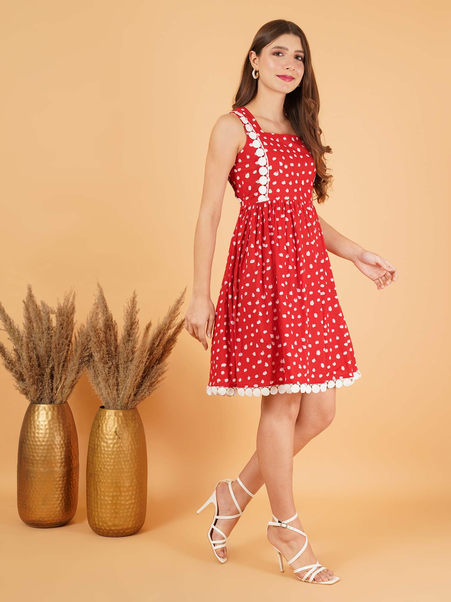 Red Sleeveless Polka Dot Cotton Fit & Flare Dress For Women