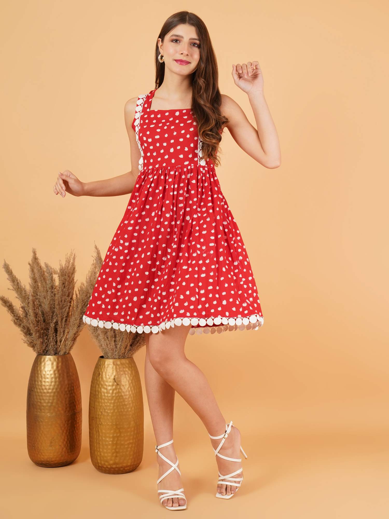 Red Sleeveless Polka Dot Cotton Fit & Flare Dress For Women