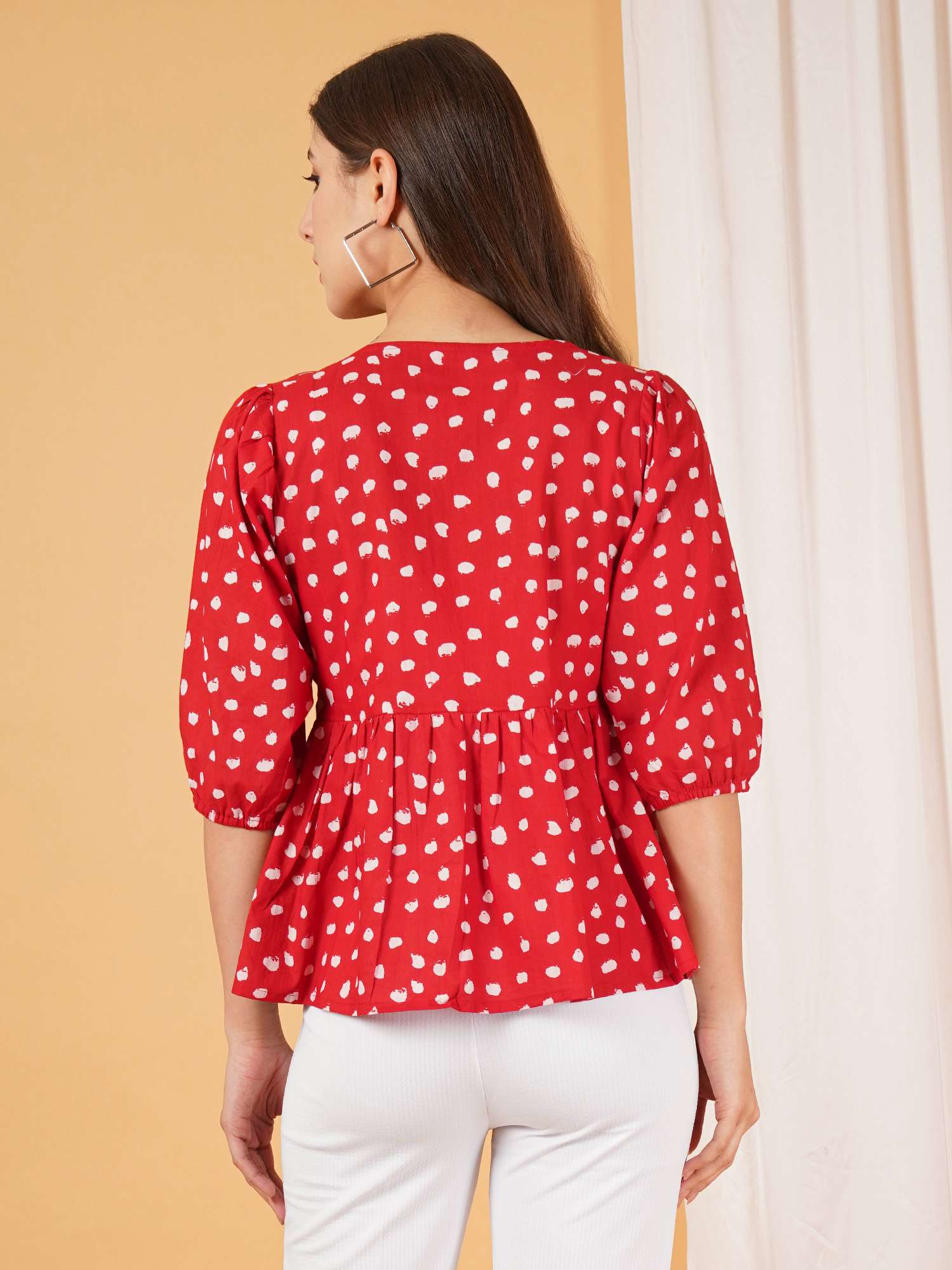 Ruffled Polka Dot Peplum Cotton Top For Women