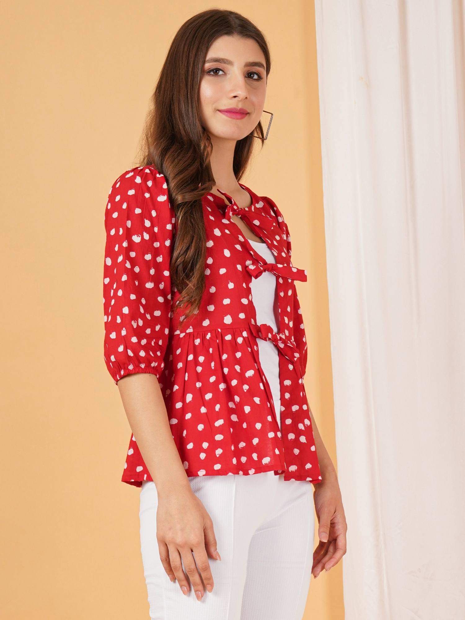 Ruffled Polka Dot Peplum Cotton Top For Women