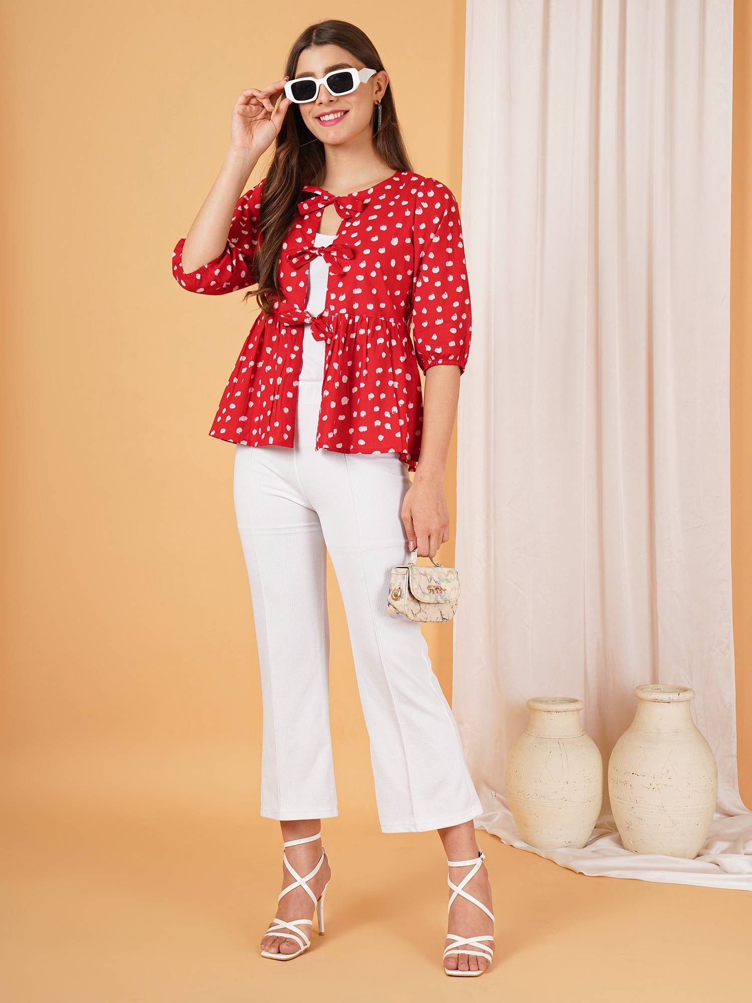 Ruffled Polka Dot Peplum Cotton Top For Women